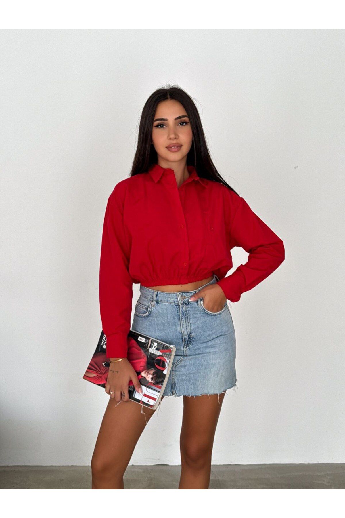 stilsepeti Kadın Kırmızı Beli Lastikli Cepli Terry Cotton Crop Gömlek TLL-10003835