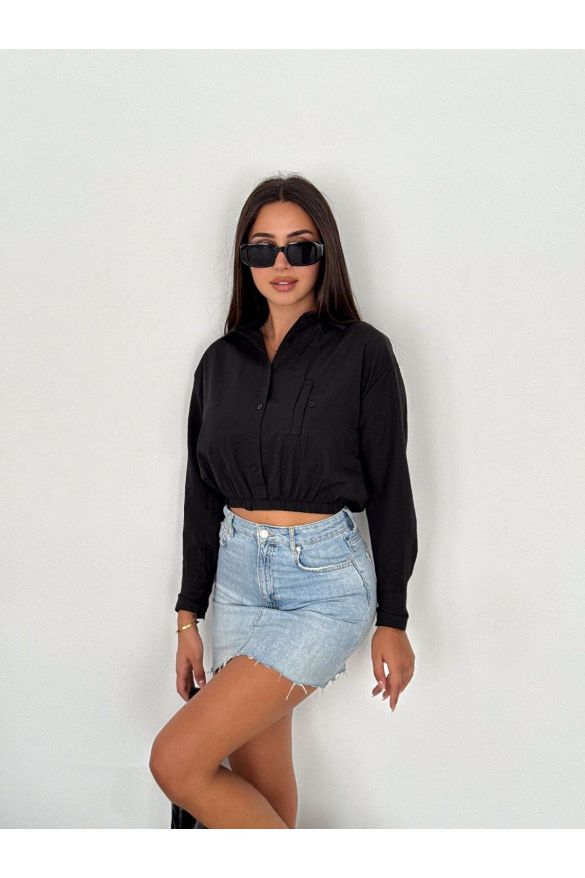stilsepeti Kadın Siyah Beli Lastikli Cepli Terry Cotton Crop Gömlek TLL-10003835