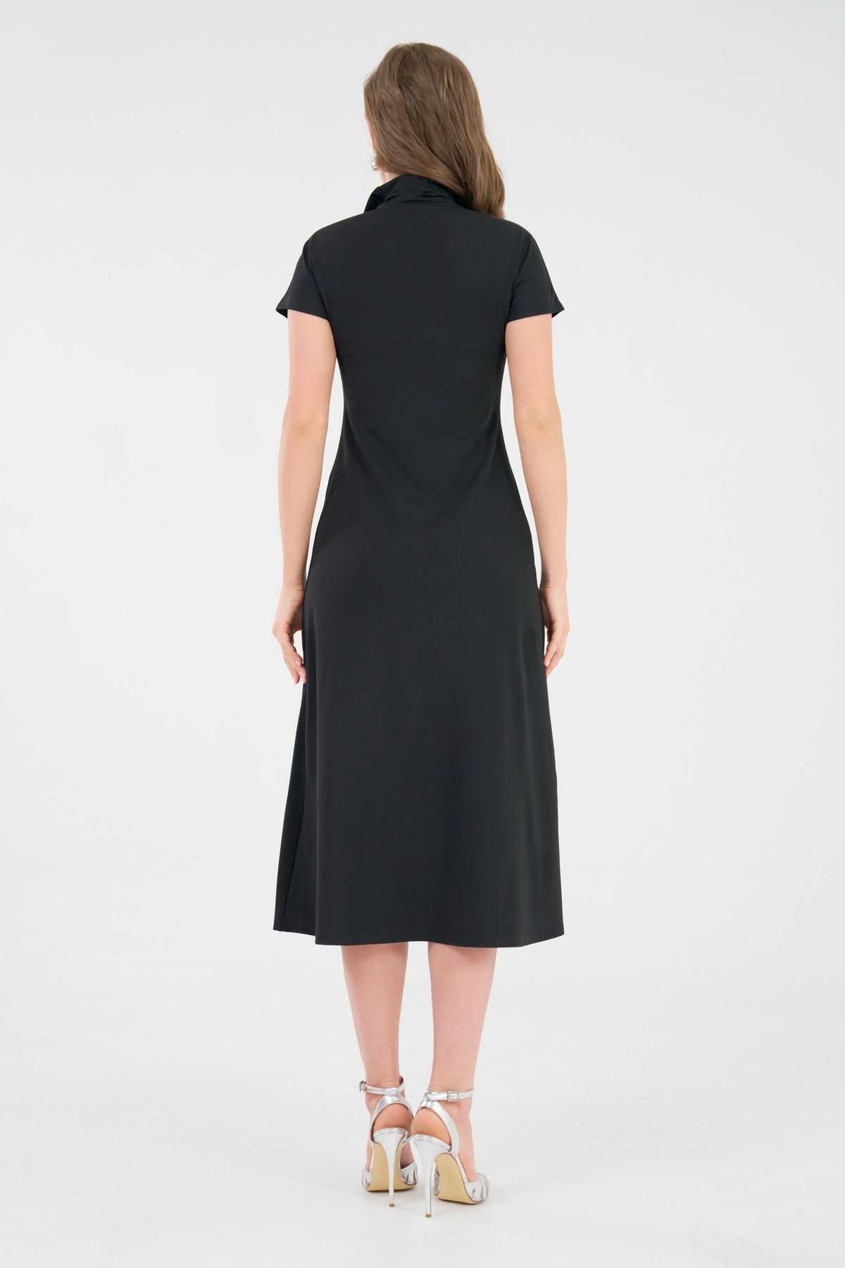 lovebox-Women's Zippered Design Detail Short Sleeve High Collar Black Midi Evening Dress 2175 4