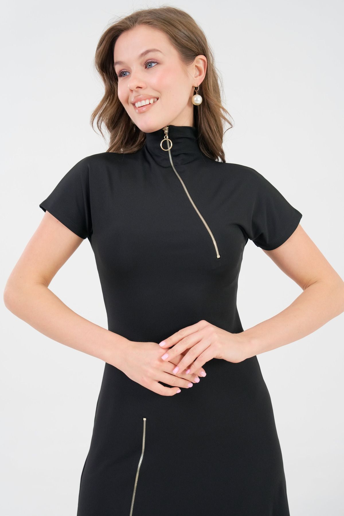 lovebox-Women's Zippered Design Detail Short Sleeve High Collar Black Midi Evening Dress 2175 6