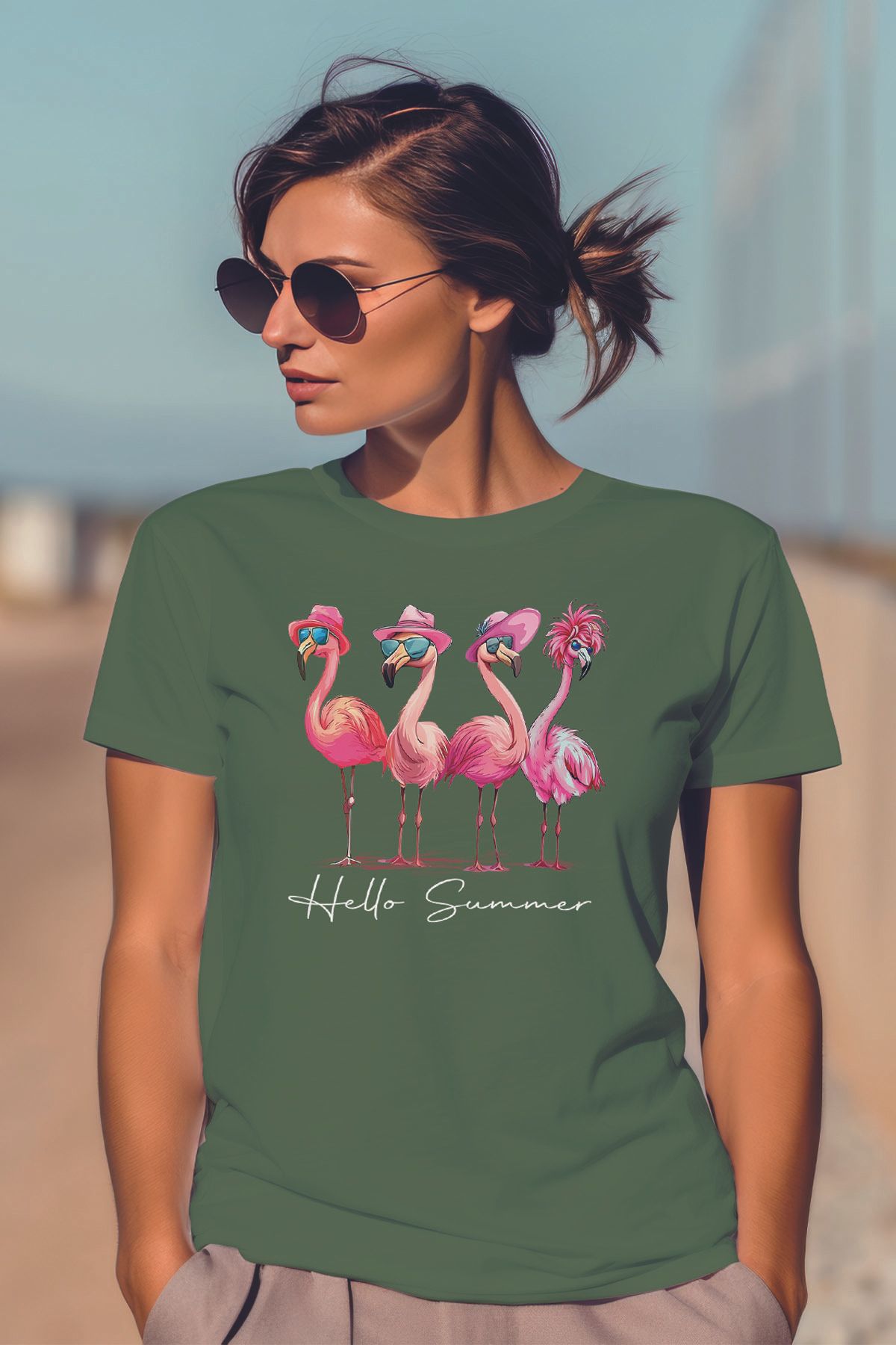 qoeuyl boutique Hello Summer Pembe Flamingolar Baskılıyaz Temalı Unisex Regular Fit Pamuklu Yeşil Tişört