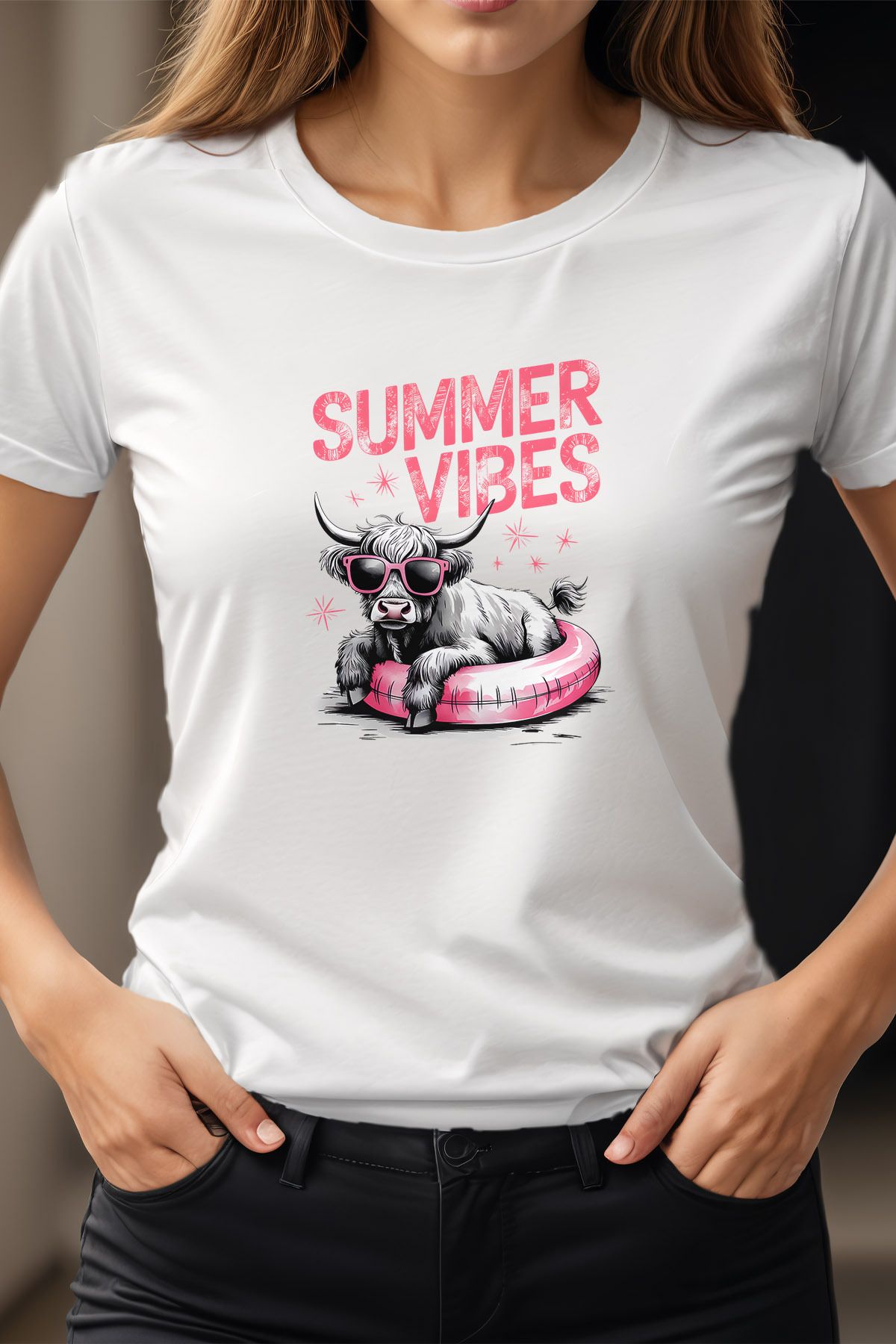 qoeuyl boutique Summer Vibes Cow Baskılı Unisex Regular Fit Pamuklu Beyaz Tişört