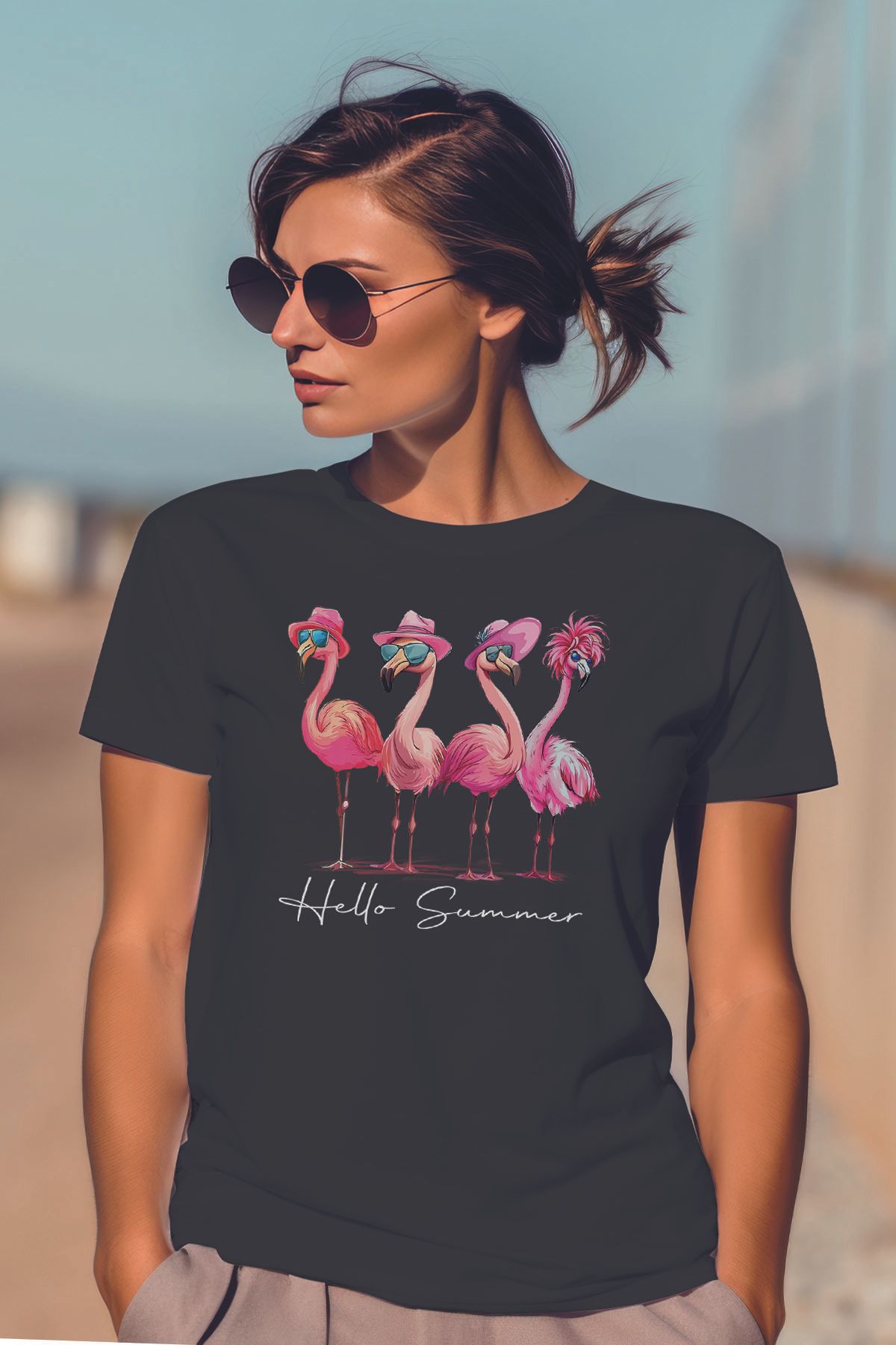 qoeuyl boutique Hello Summer Pembe Flamingolar Baskılıyaz Temalı Unisex Regular Fit Pamuklu Siyah Tişört