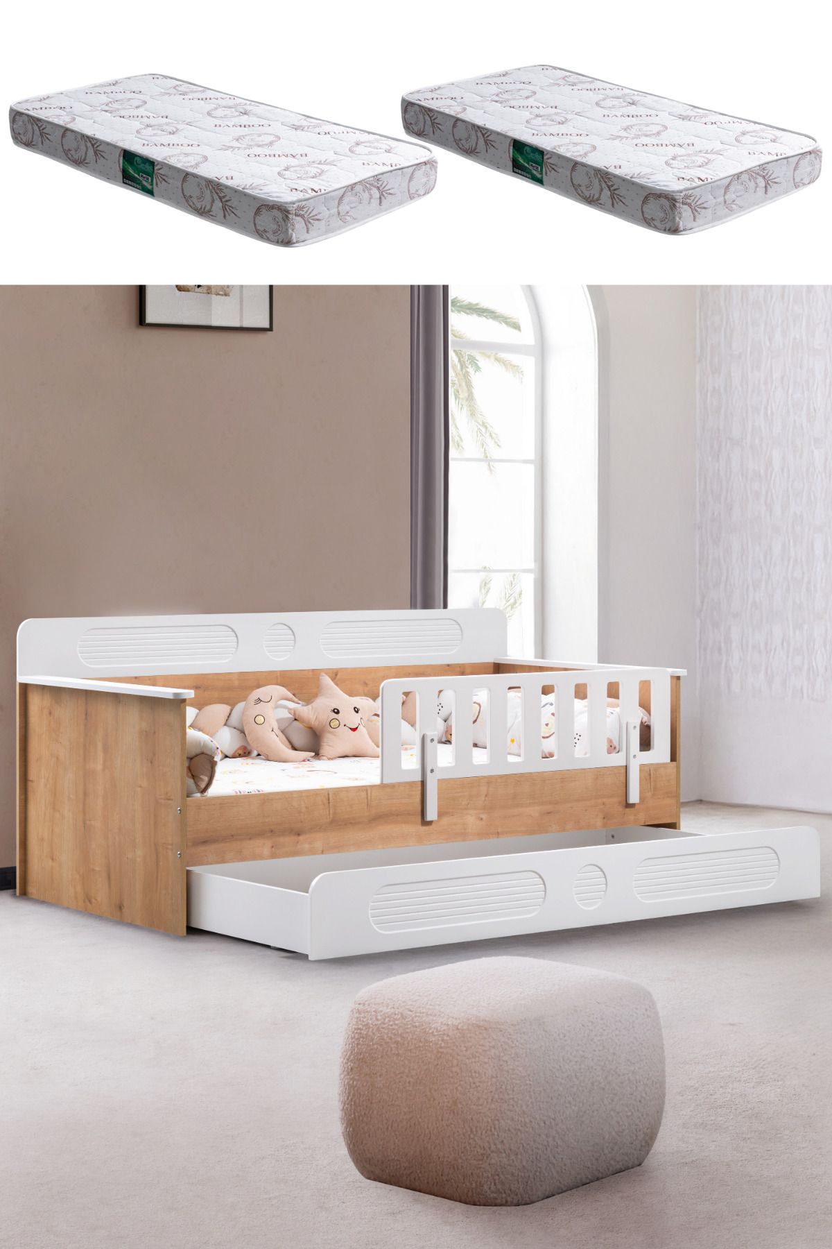 Setay Yavrulu Karyola, Flora Yavrulu Montessori Karyola - Ceviz + 2 Adet Comfort Yatak