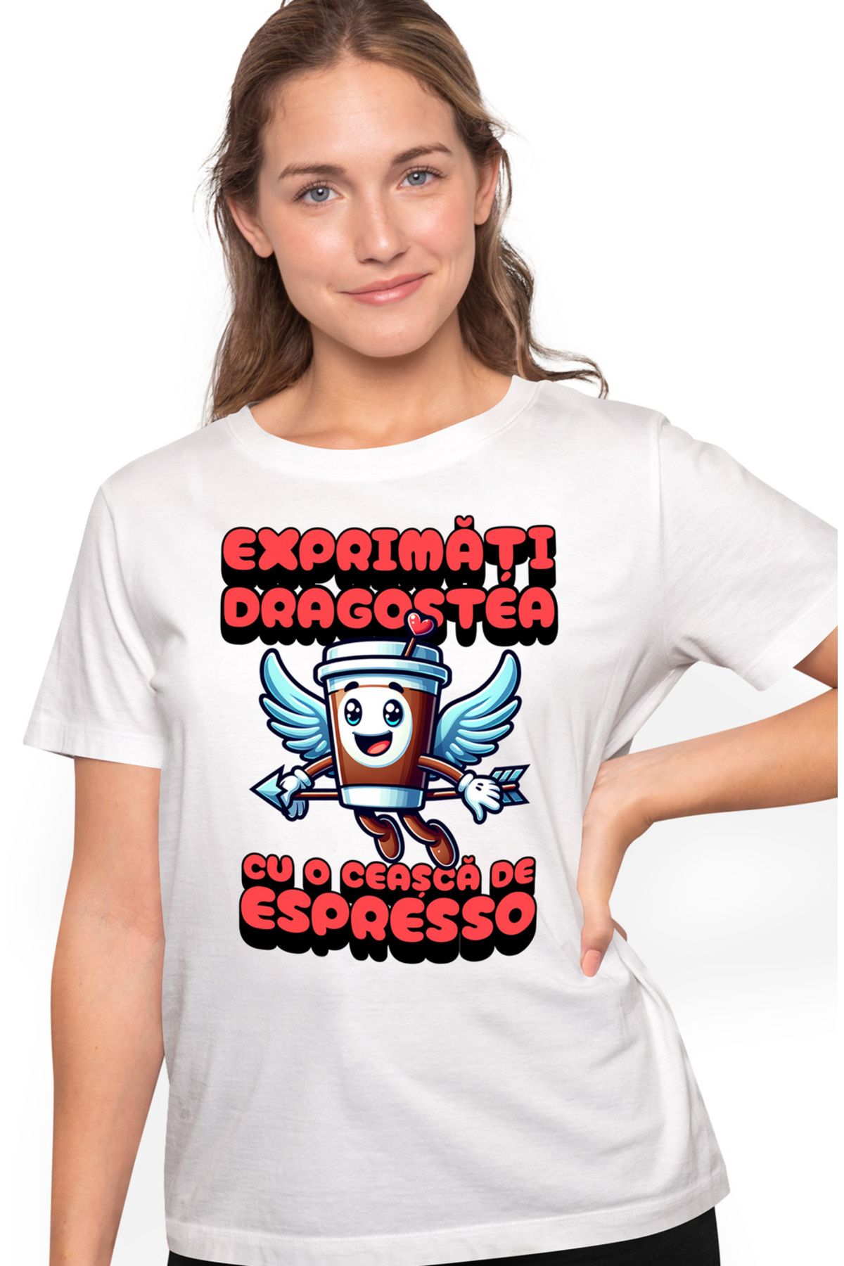 StoryGift Romania Tricou Femei Exprimati Dragostea Cu O Ceasca De Espresso Cu Imprimeu Pe Fata, 10 Wht_xl Femeie - L