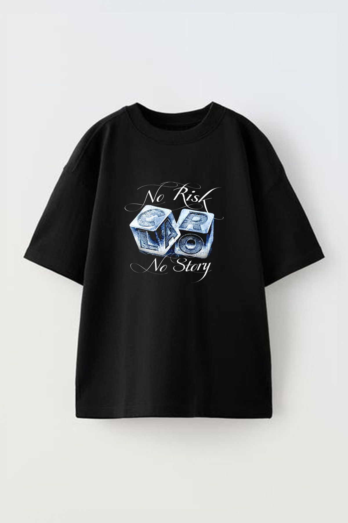 Anetos No Risk No Story Ön Baskılı Pamuk Siyah Oversize T-shirt