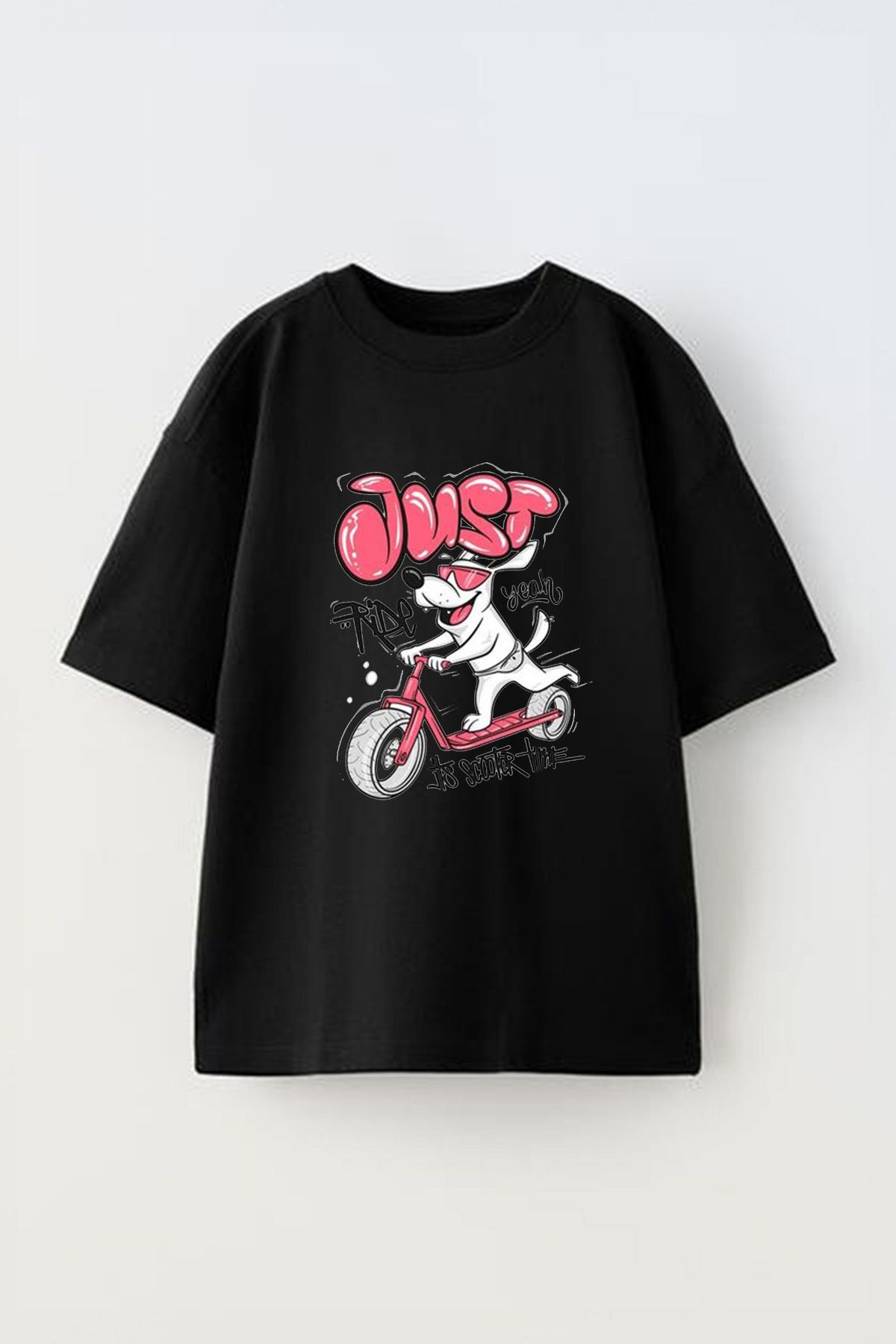 Anetos Just Ride Dog Ön Baskılı Pamuk Siyah Oversize T-shirt