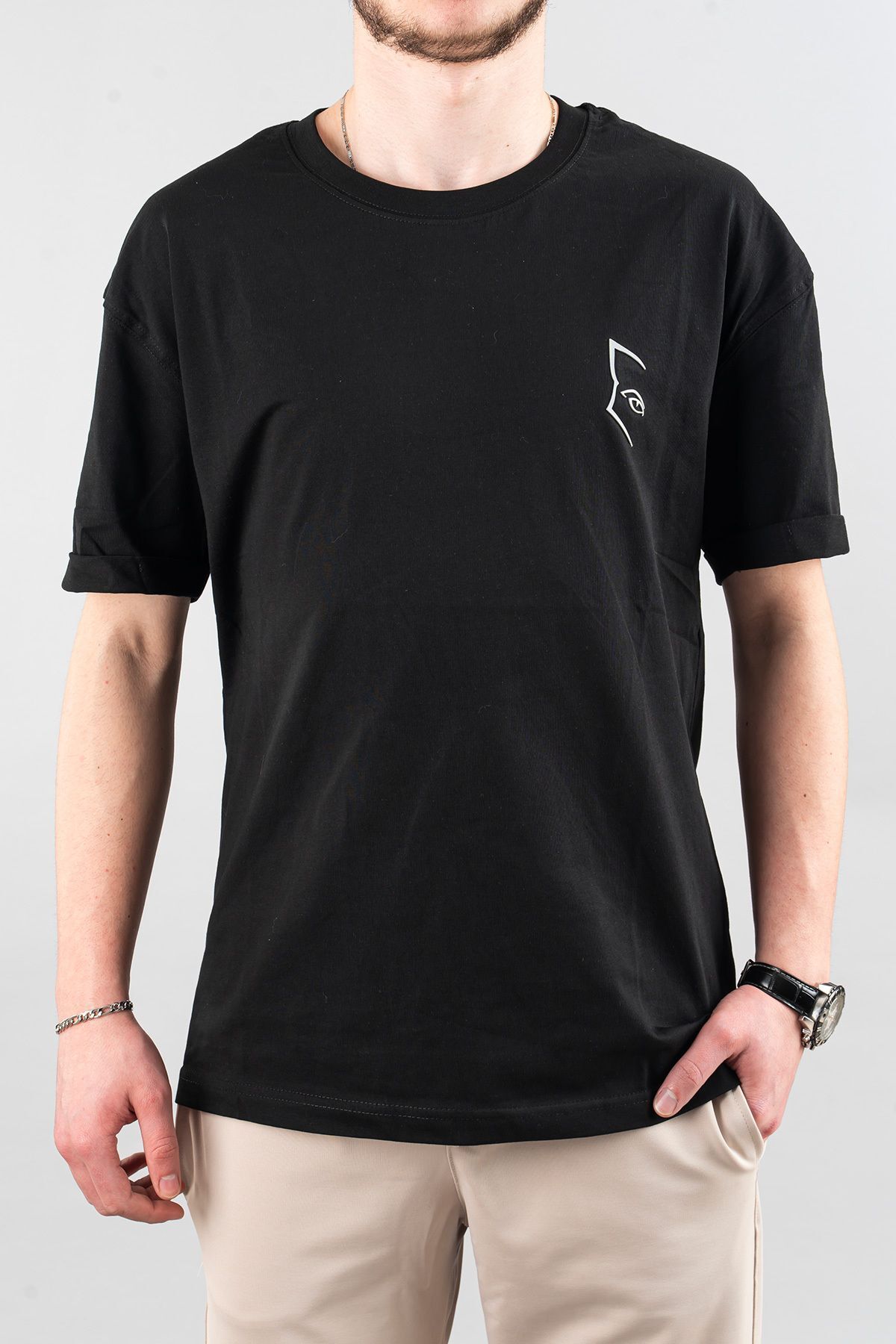 bombe Erkek Özel Bisiklet Yaka Tişört Basic Yarı Owersize Düz Baskılı T-Shirt