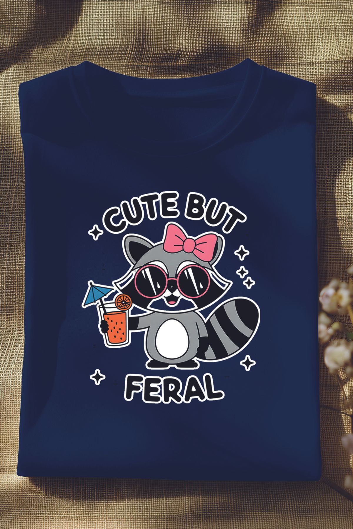 qoeuyl boutique Cute But Feral Baskılı Unisex Regular Fit Pamuklu Lacivert Tişört