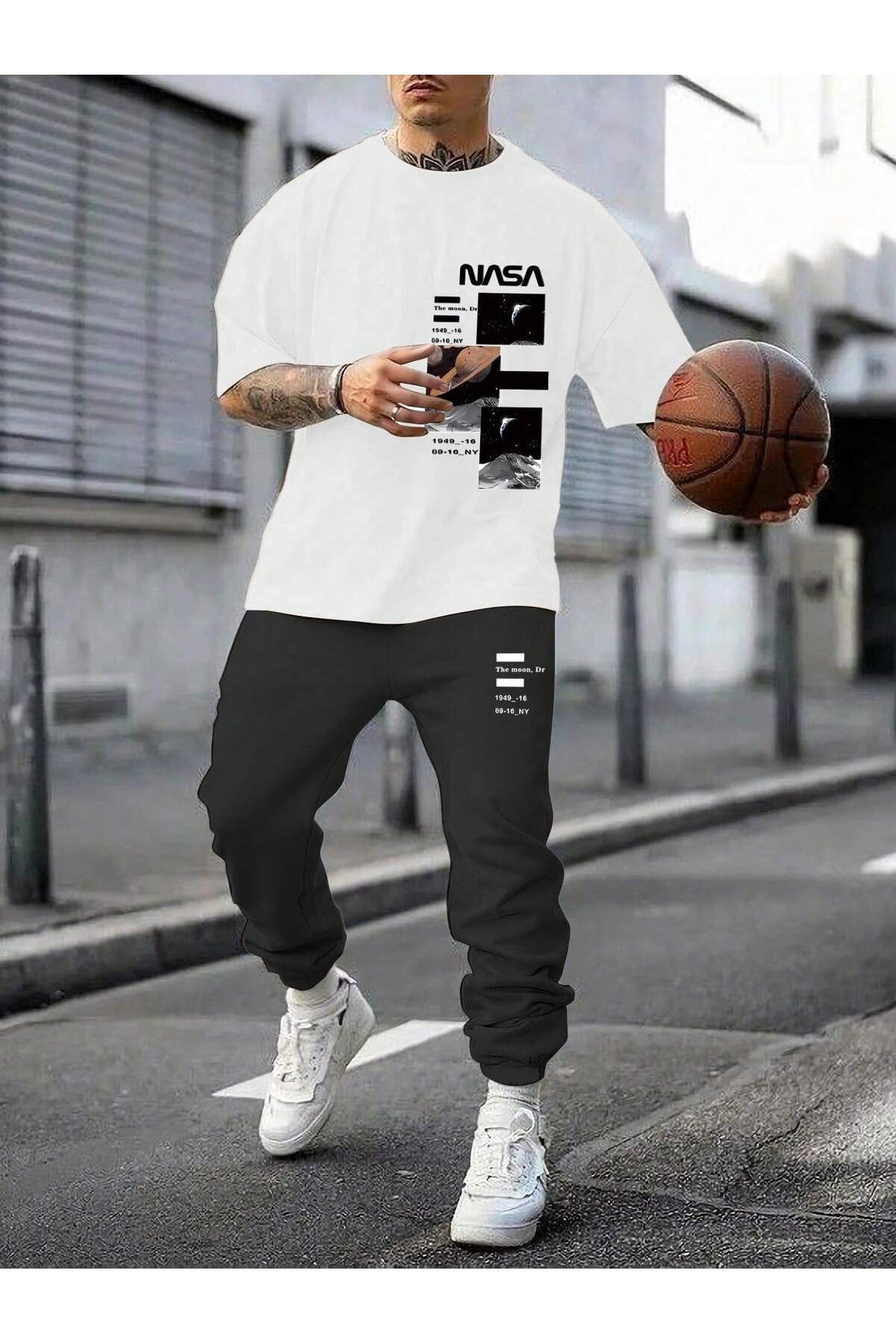 aynewmoda Erkek Büyük Beden Logo Baskılı Tişört ve Pantolon Takımı