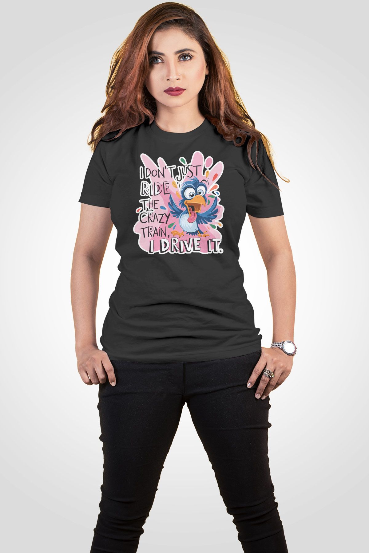 qoeuyl boutique I Dont Just Ride The Crazy Train Baskılı Unisex Regular Fit Pamuklu Siyah Tişört