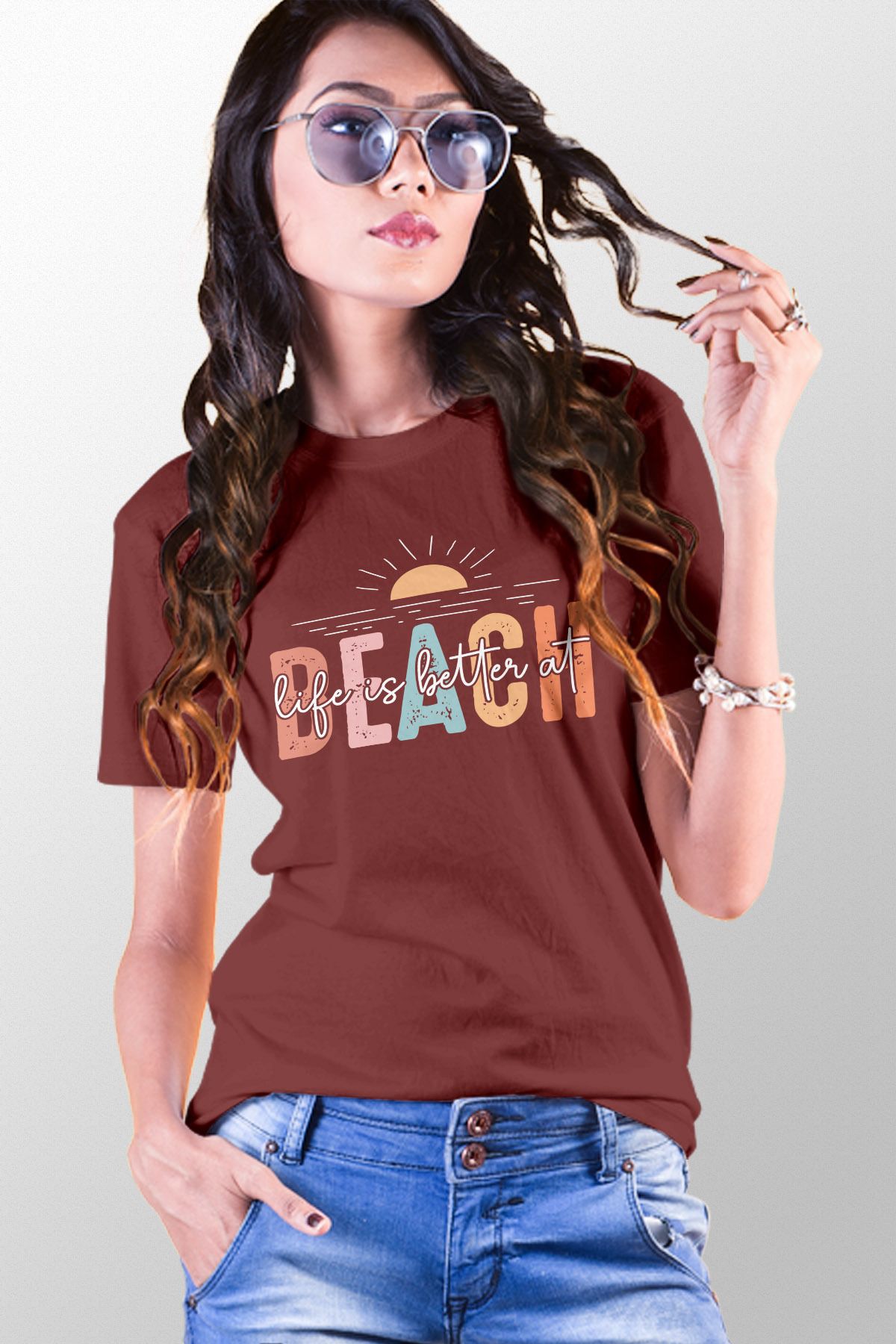 qoeuyl boutique Life İs Better At Beach Baskılıyaz Temalı Unisex Regular Fit Pamuklu Bordo Tişört