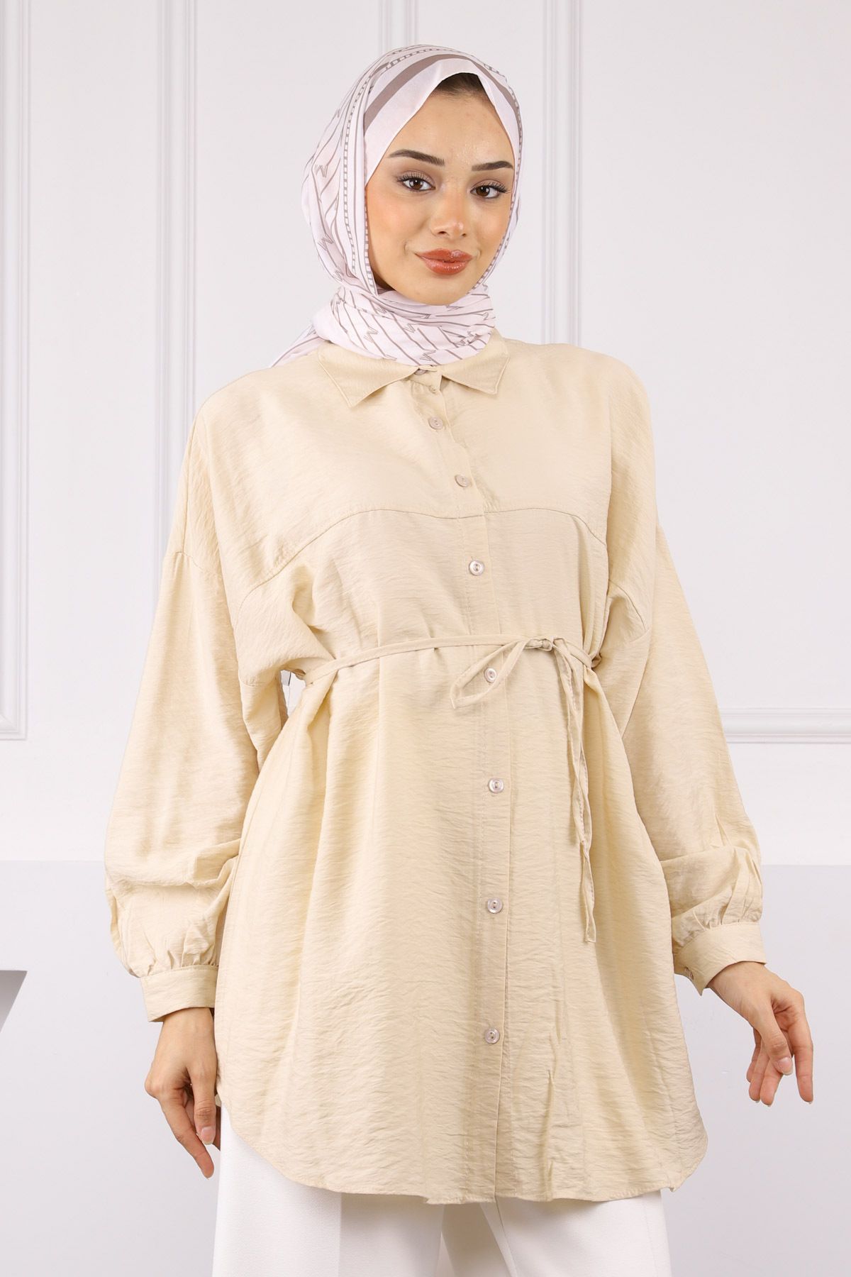 İmajButik Bej Beli İp Detaylı Tunik