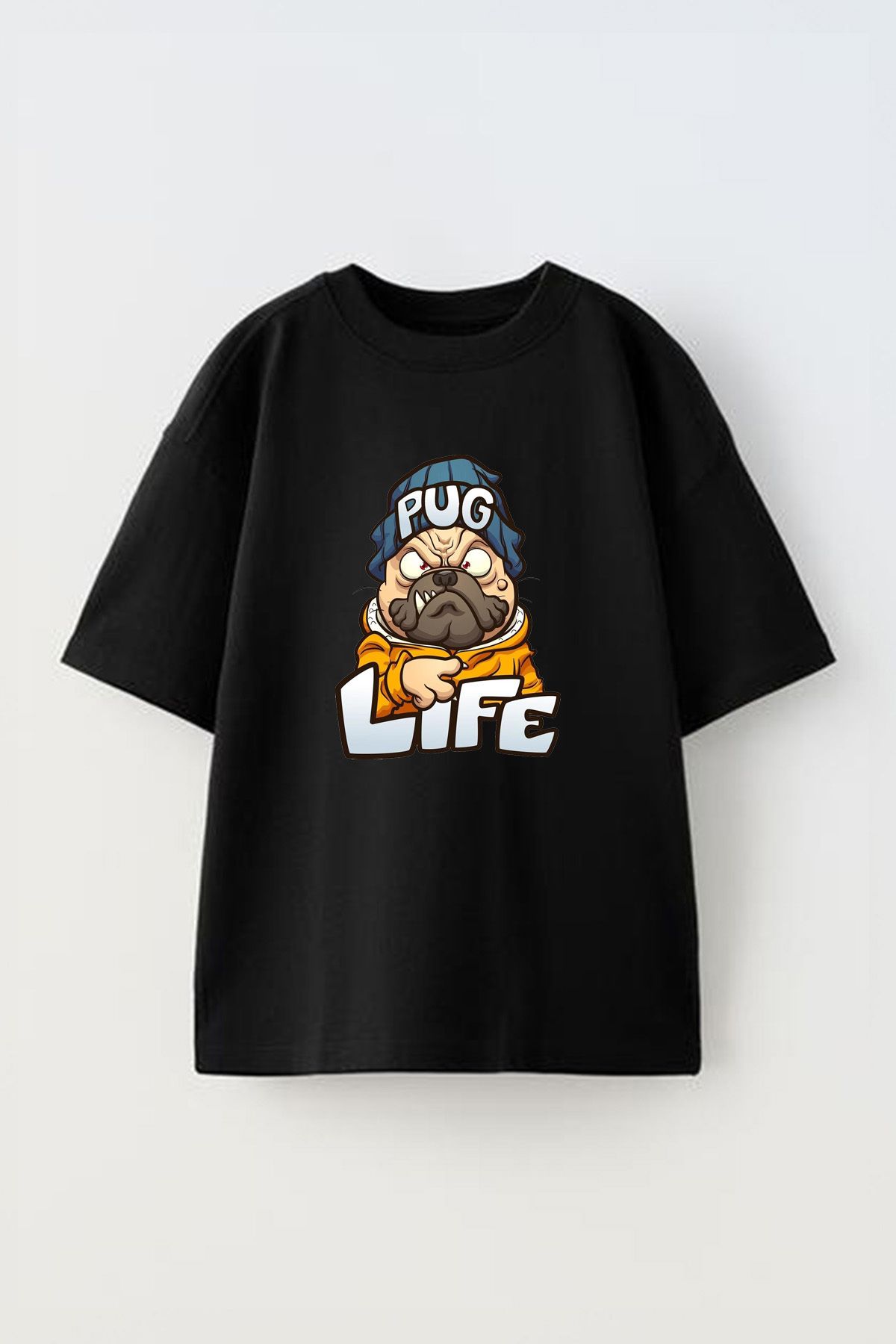 Anetos Pug Life Dog Ön Baskılı Pamuk Siyah Oversize T-shirt