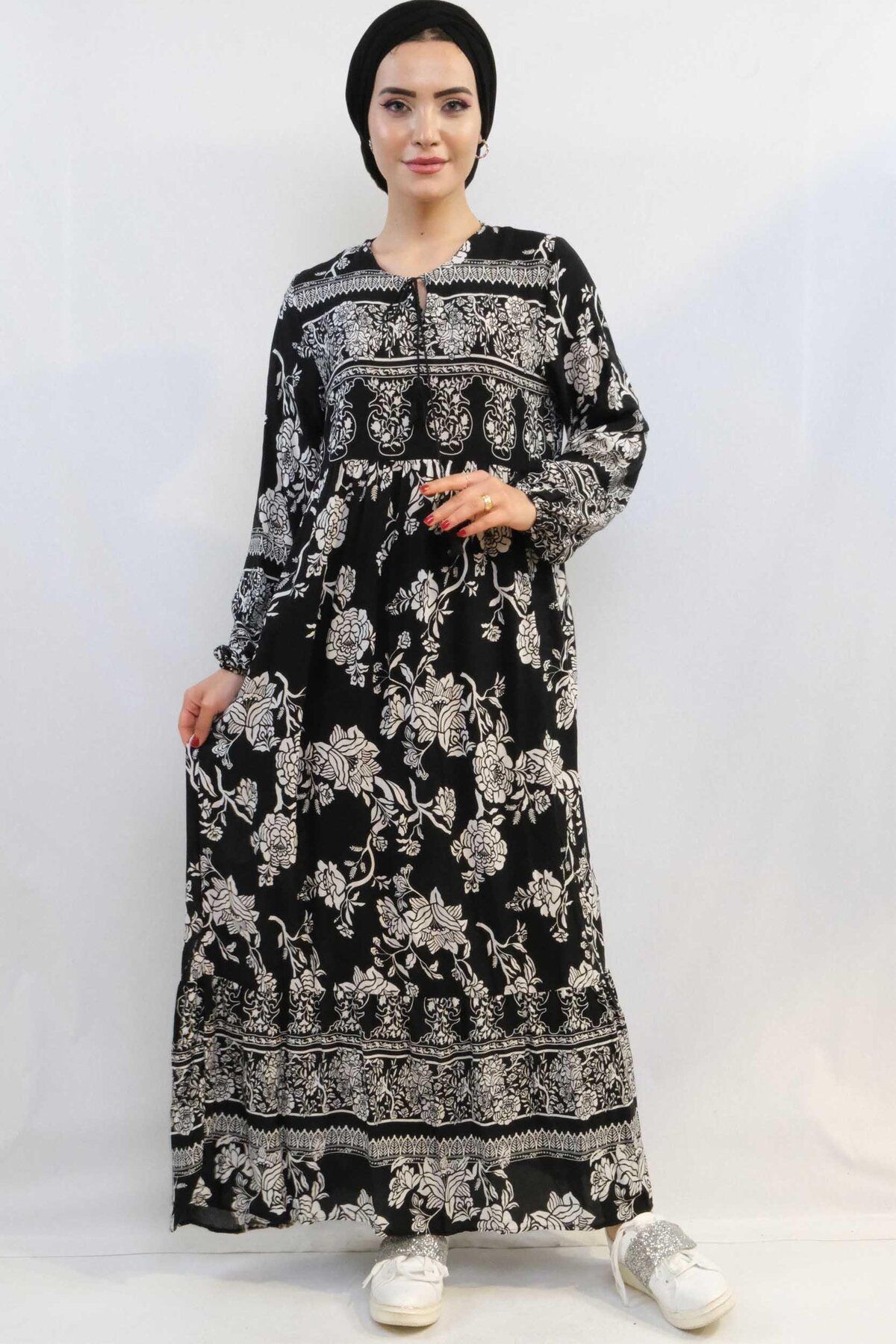 LLOHA Moda Çizgi Vintage Desen Elbise Siyah
