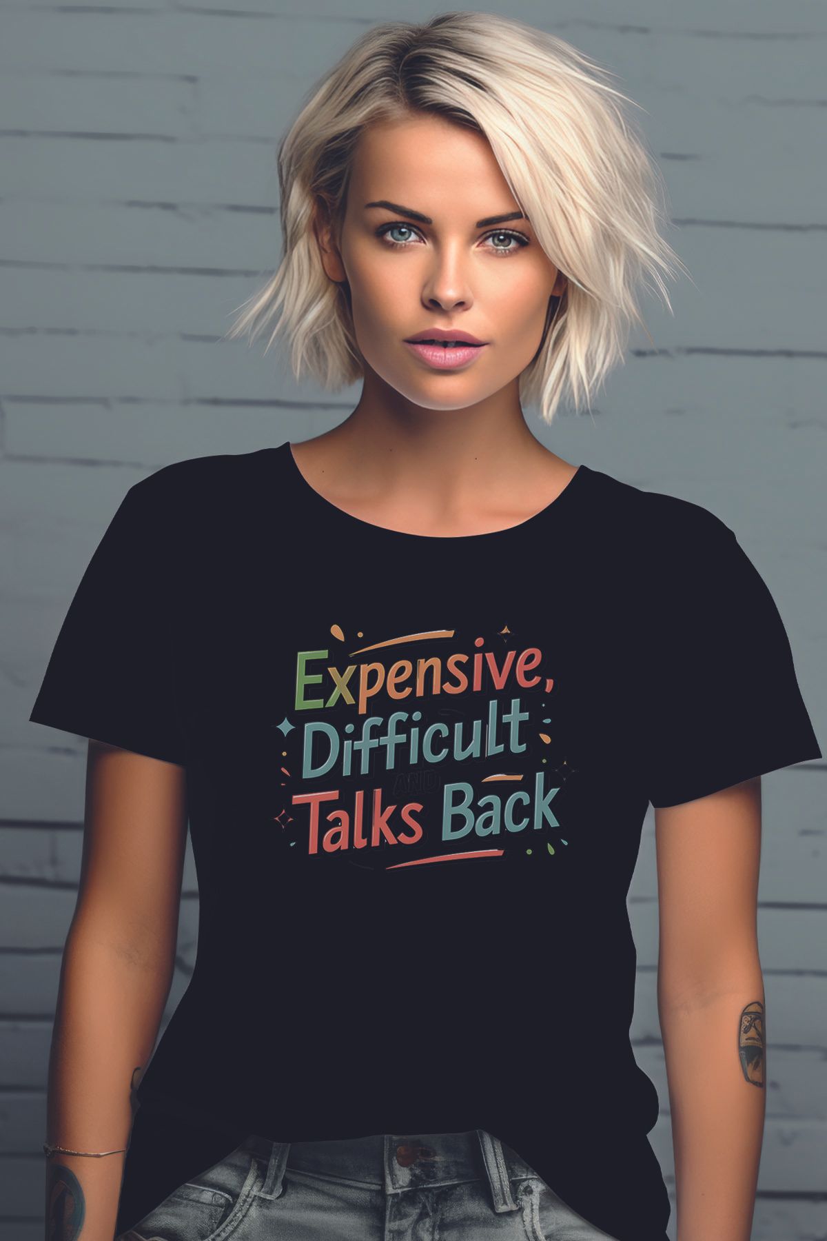 qoeuyl boutique Expensive Difficult And Talks Baskılı Unisex Regular Fit Pamuklu Siyah Tişört