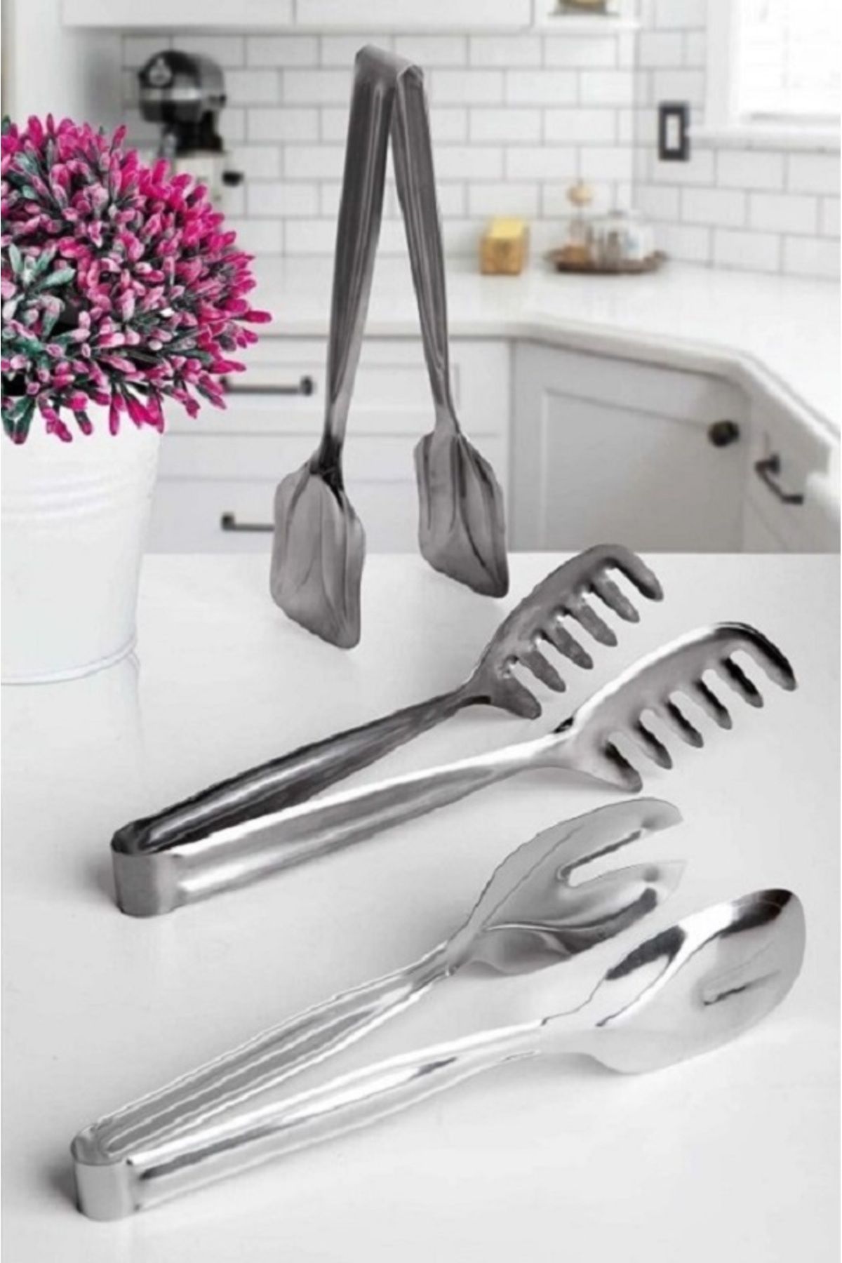 eryahome 3'lü Paslanmaz Çelik Servis Maşa Seti Makarna Maşası, Pasta Maşası, Salata Maşası