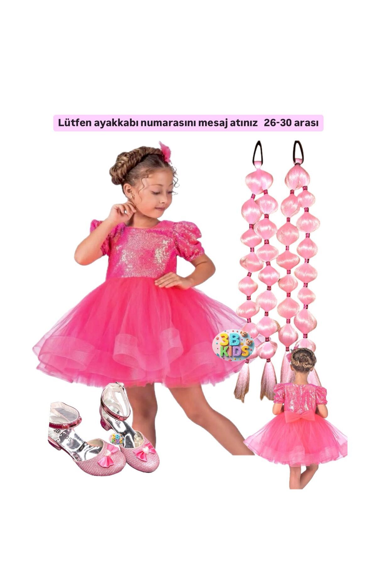 3b kids pembe bariiibi payetli prenses elbise + pembe 2 adet bubble saç + pembe topuklu ayakkabı seti