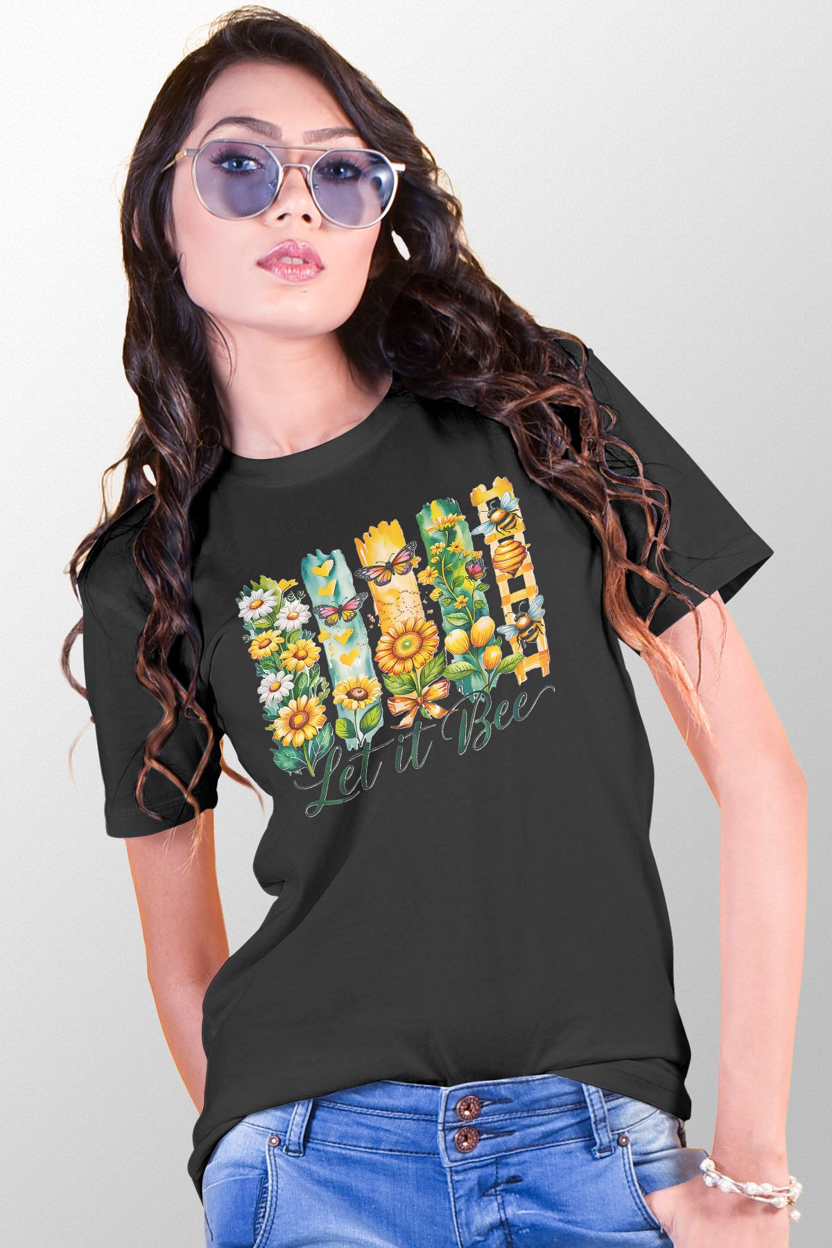 qoeuyl boutique Let It Bee Baskılı Unisex Regular Fit Pamuklu Siyah Tişört