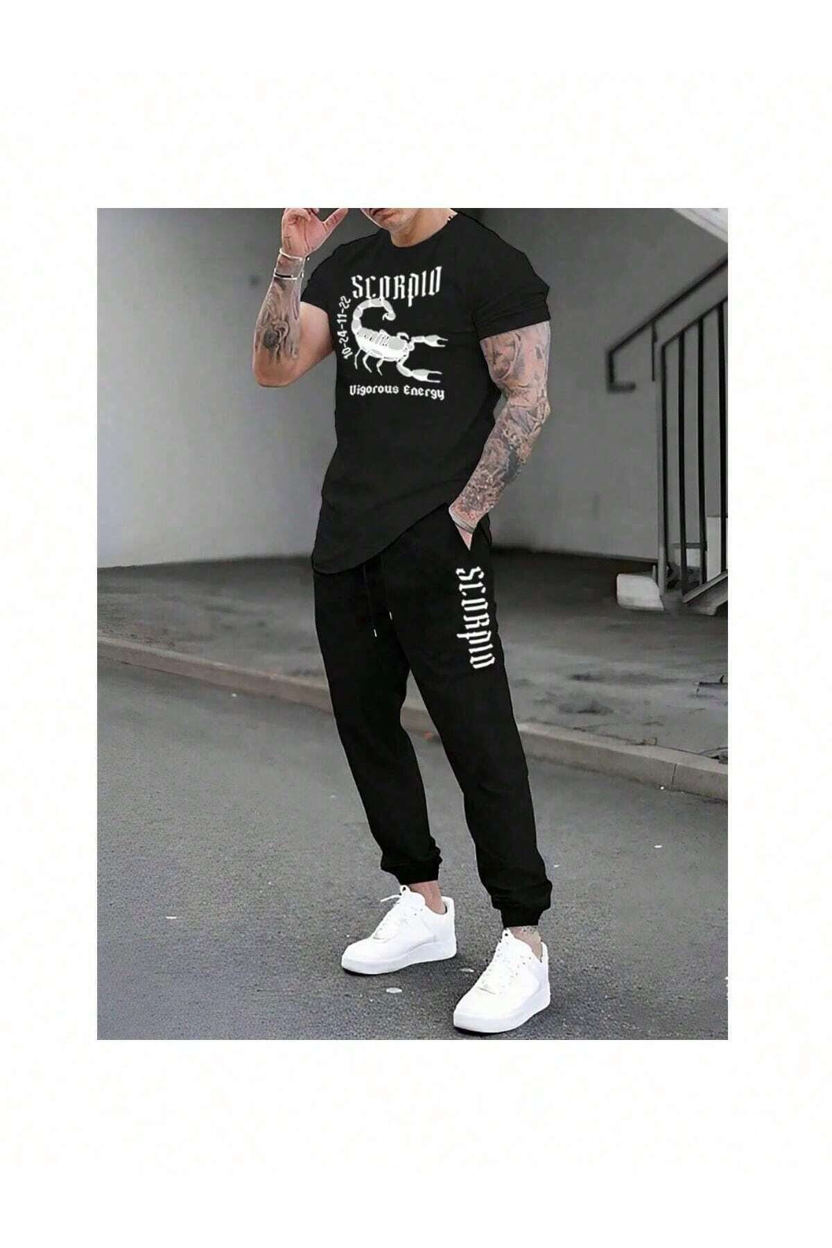 aynewmoda Erkek Büyük Beden Hayvan Baskılı Akrep Tişört ve Pantolon Takımı