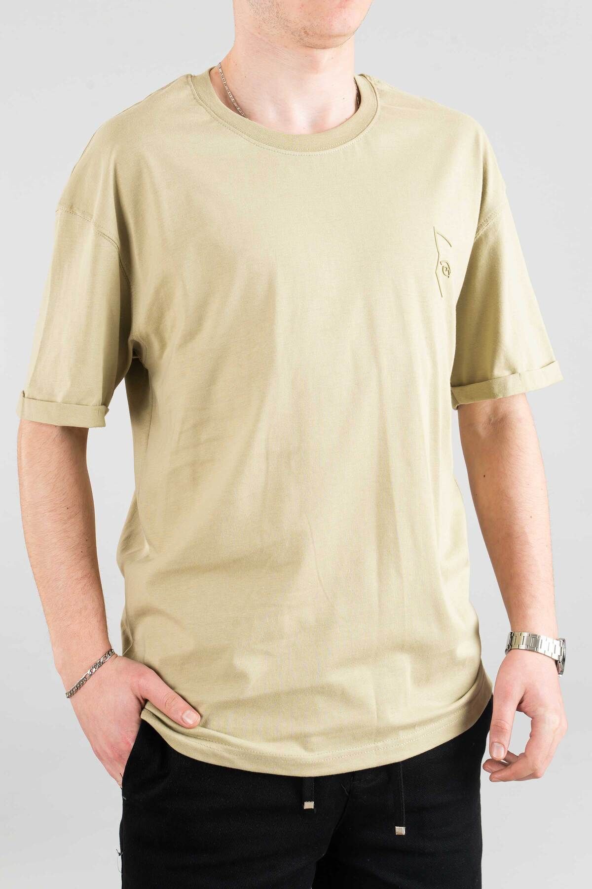 bombe Erkek Özel Bisiklet Yaka Tişört Basic Yarı Owersize Düz Baskılı T-Shirt