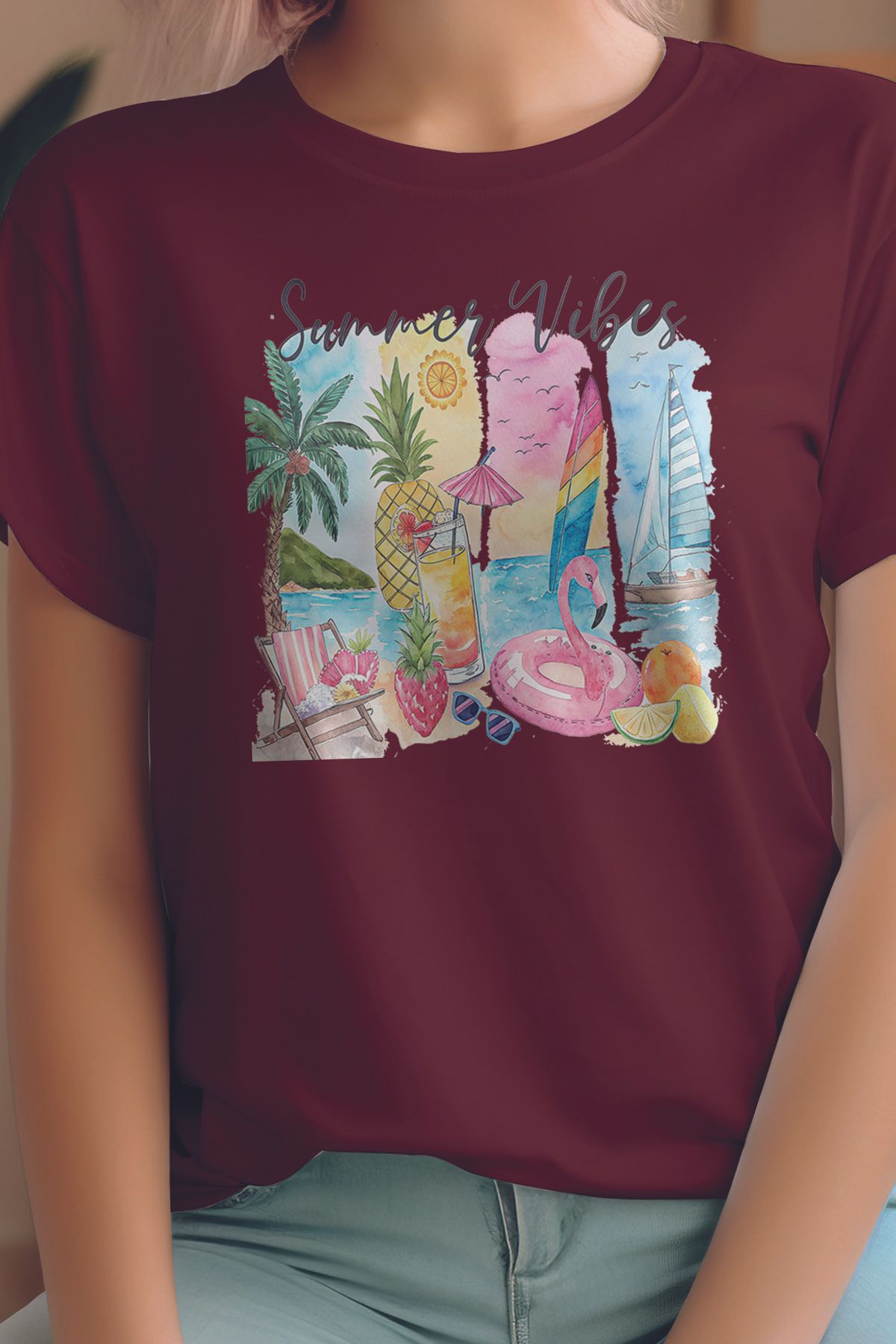 qoeuyl boutique Summer Vibes Baskılıyaz Temalı Unisex Regular Fit Pamuklu Bordo Tişört