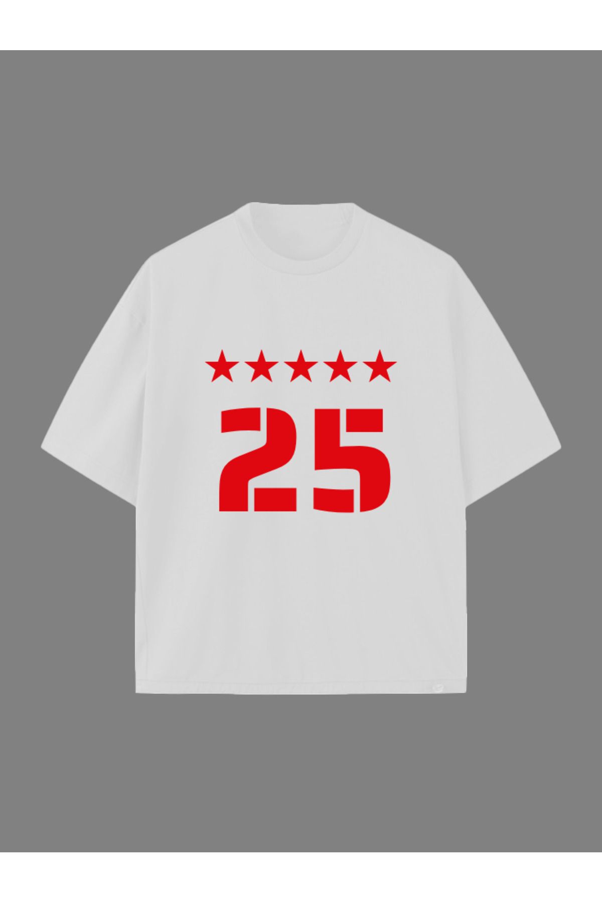 OZERGENE STORE 25 Baskılı 5 Yıldız Oversize T-Shirt Beyaz