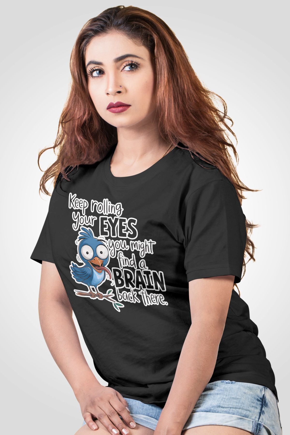 qoeuyl boutique Keep Rolling Your Eyes Sarkastik Baskılı Unisex Regular Fit Pamuklu Siyah Tişört