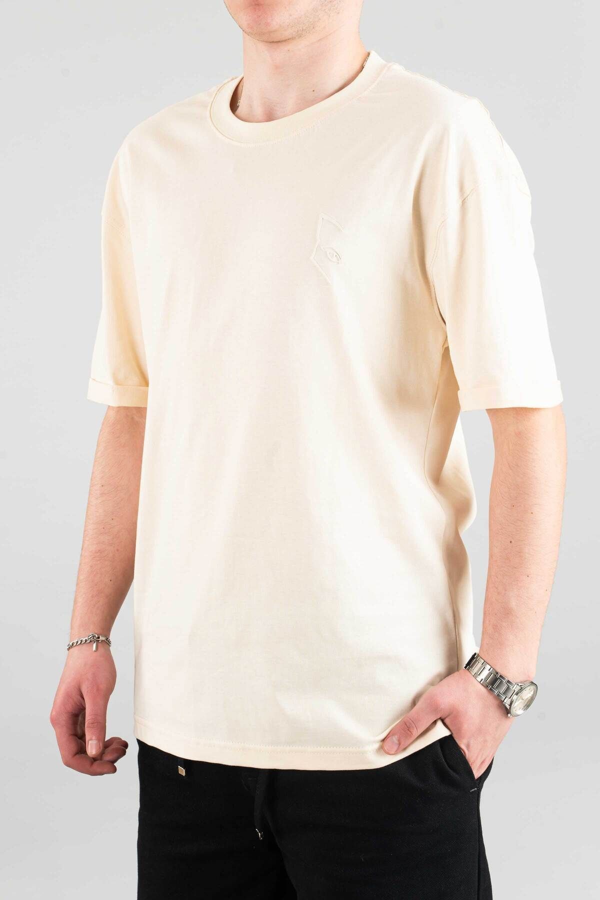bombe Erkek Özel Bisiklet Yaka Tişört Basic Yarı Owersize Düz Baskılı T-Shirt
