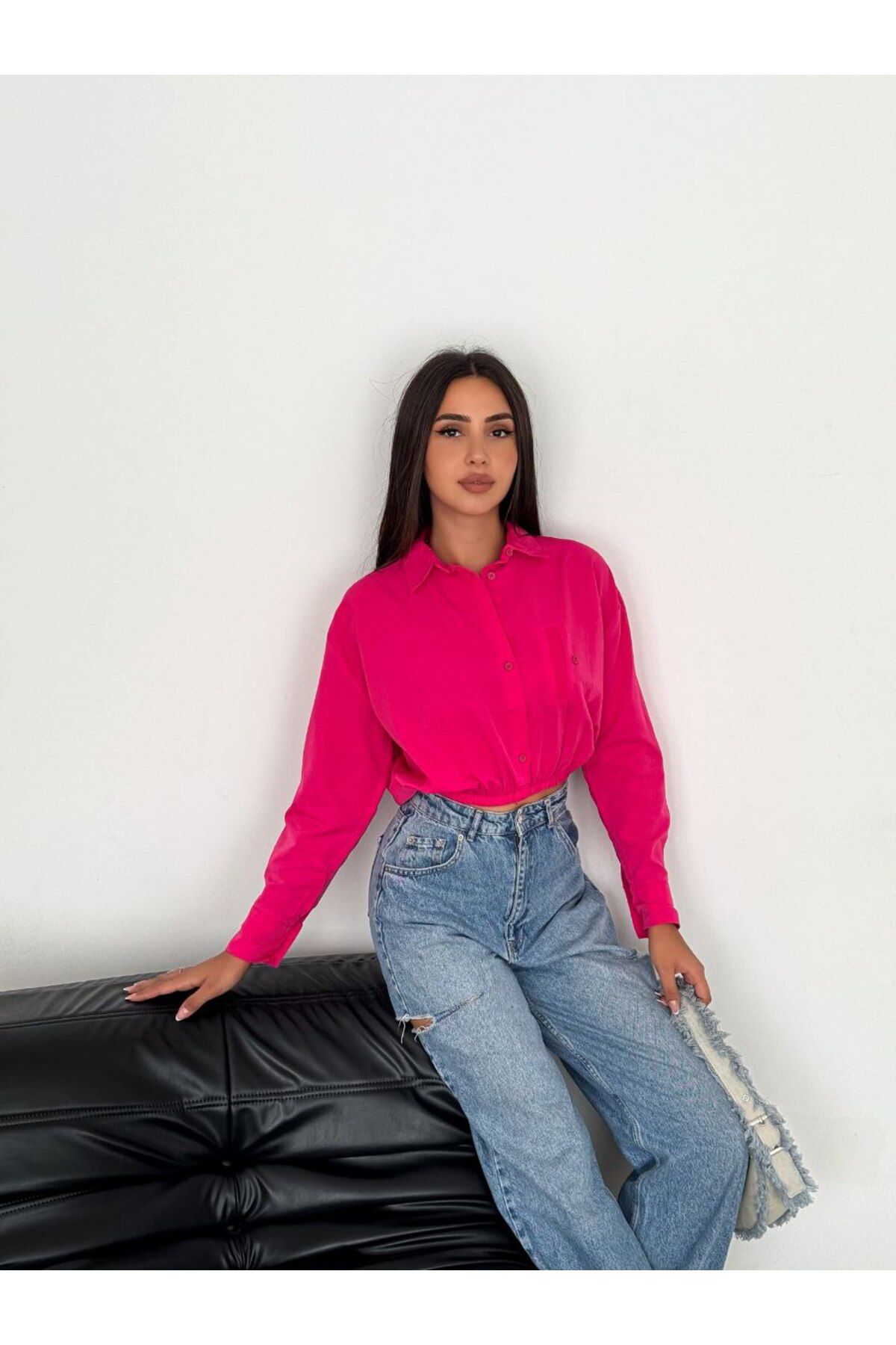 stilsepeti Kadın Fuşya Beli Lastikli Cepli Terry Cotton Crop Gömlek TLL-10003835