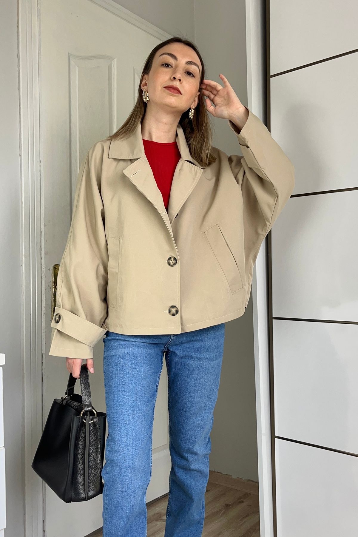 Gökcan Butik Minimalist Oversize Pamuklu Taş Trenç