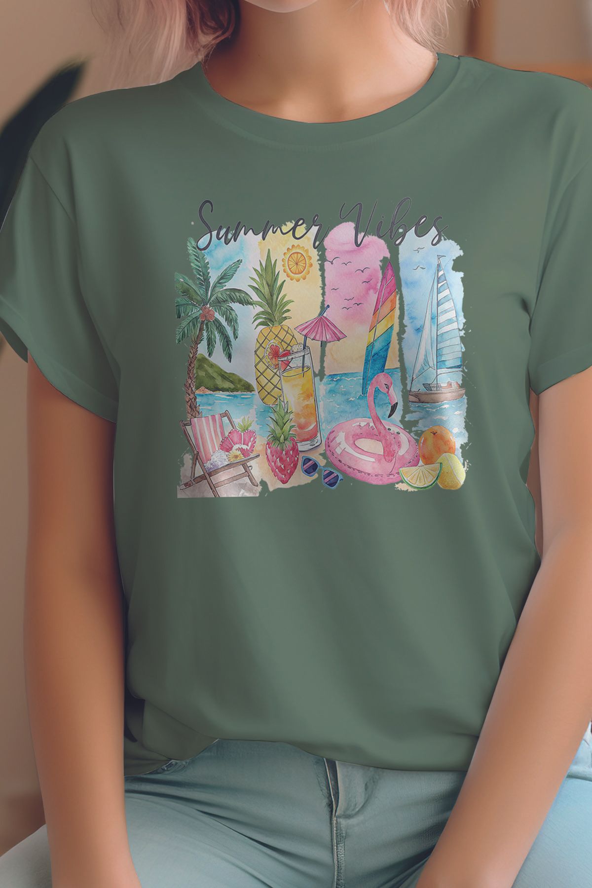qoeuyl boutique Summer Vibes Baskılıyaz Temalı Unisex Regular Fit Pamuklu Yeşil Tişört