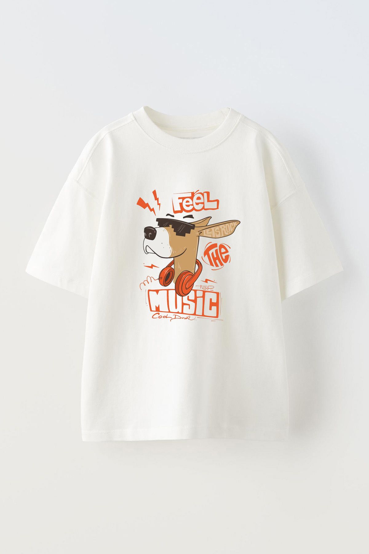 Anetos Feel Dog Music Ön Baskılı Pamuk Beyaz Oversize T-shirt