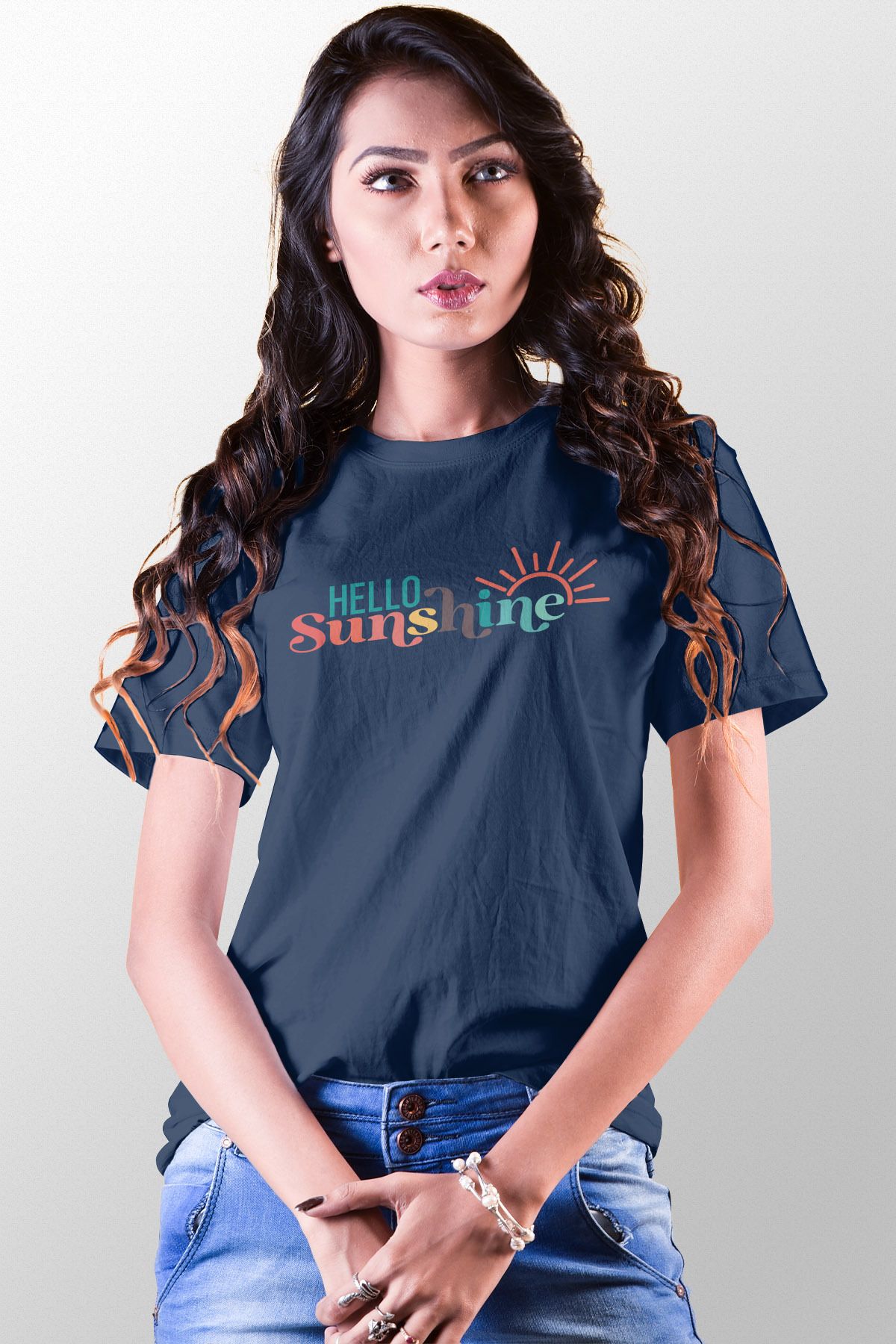 qoeuyl boutique Hello Sunshine Baskılı Unisex Regular Fit Pamuklu Lacivert Tişört