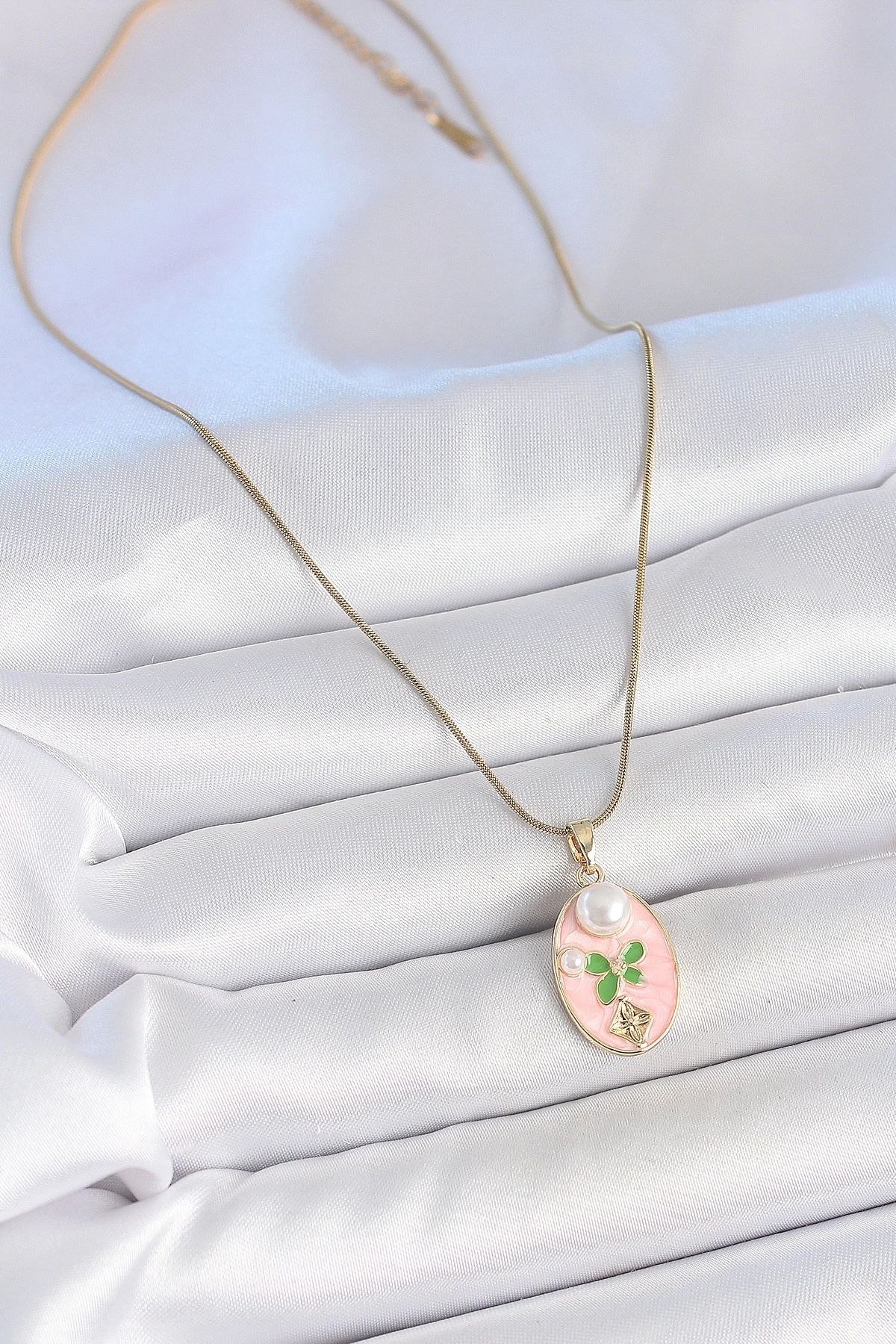 bamido 316l Çelik Gold Renk Zincir Pembe Mineli Oval İncili Çiçek İşlemeli Portre Model Kadın Kolye - Bamid