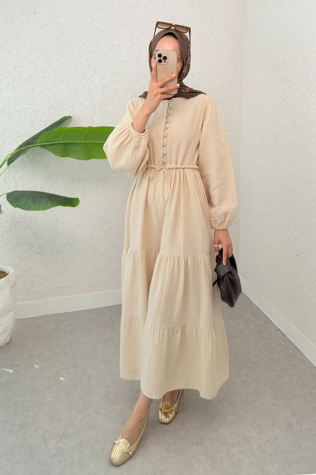 ALLMİRA FASHION Birit Düğme Detaylı Keten Elbise