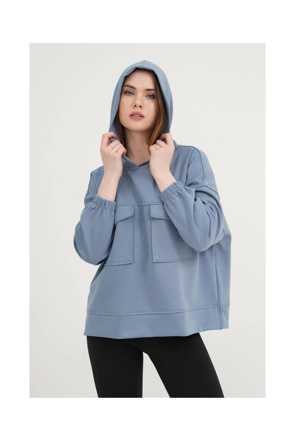 Le'sluette shadow of style KADIN CEP DETAYLI MODAL HOODIE İNDİGO MAVİ