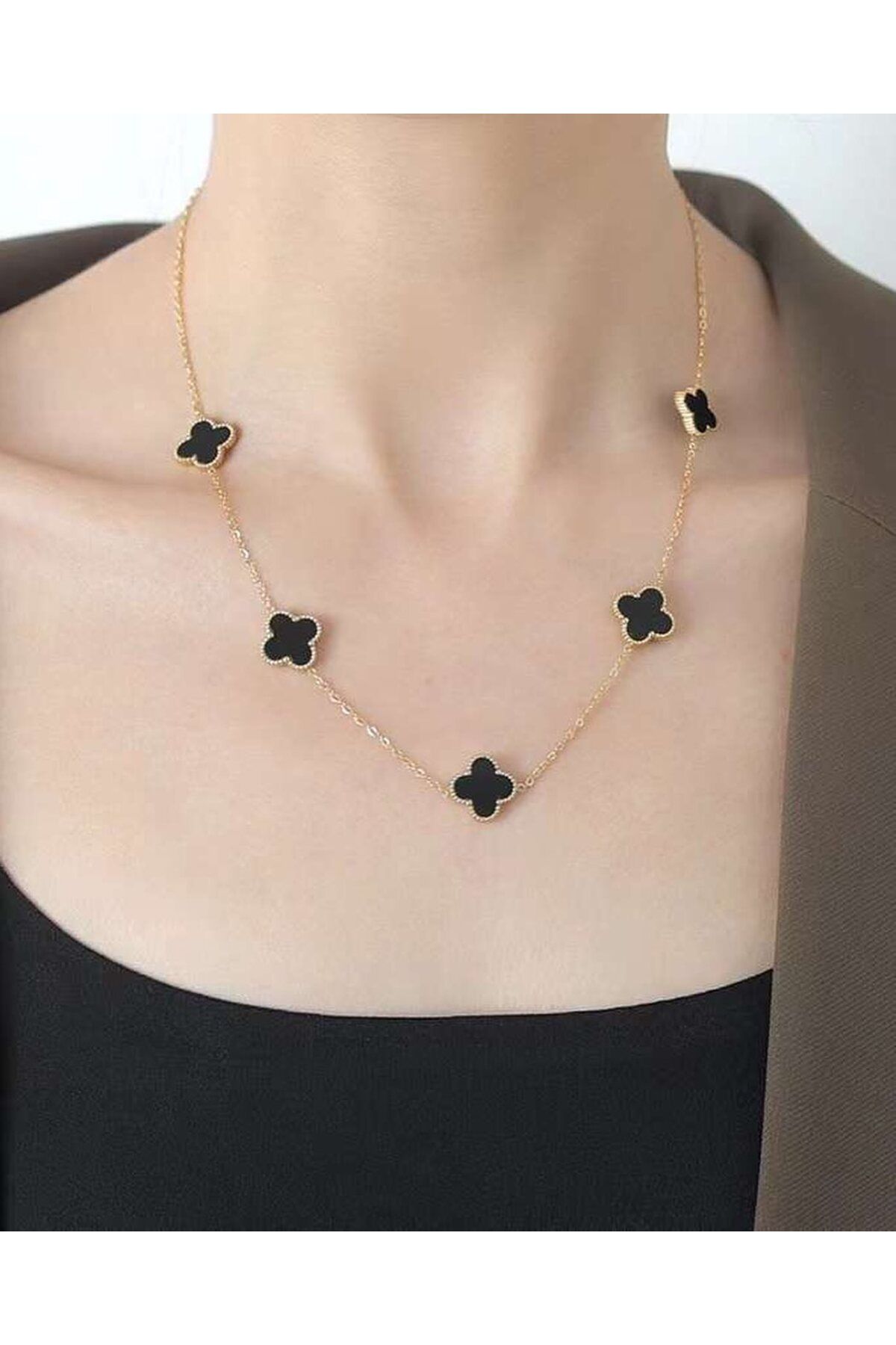 BORENO 5'li Gold Renk Yonca Model Paslanmaz Çelik Kolye Takı