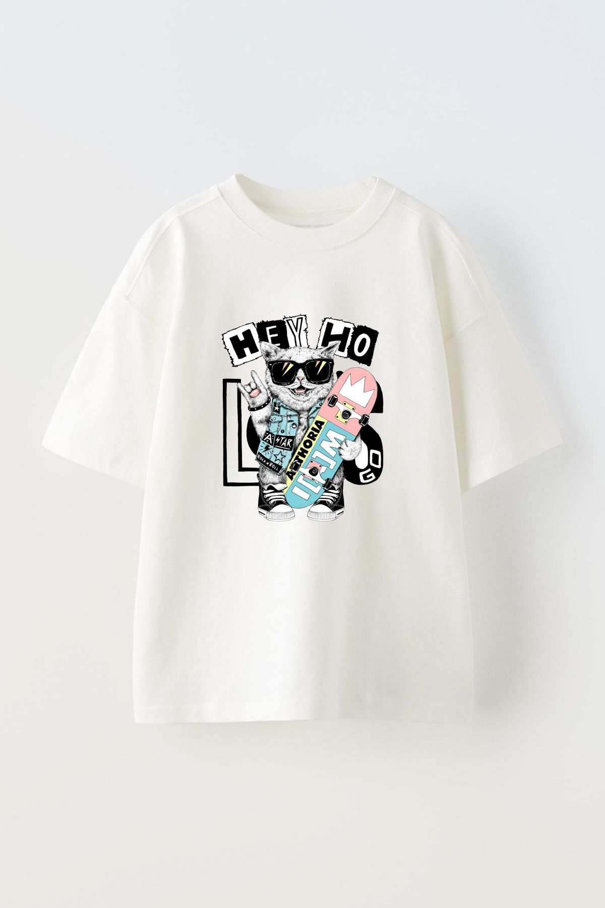 Anetos Hey Ho City Ön Baskılı Pamuk Beyaz Oversize T-shirt