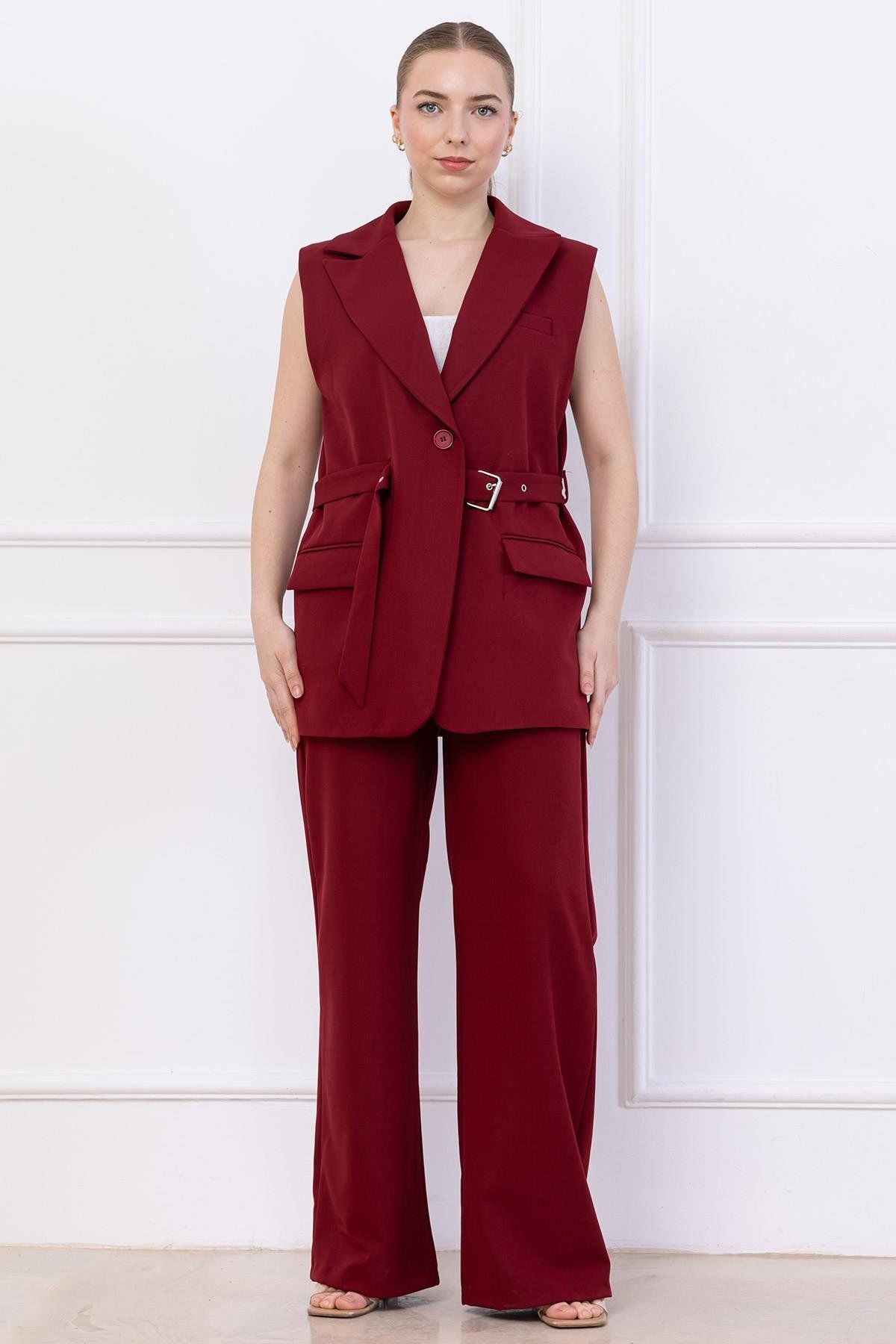SENSTIL Kemerli Yelekli Takım Bordo SS2749