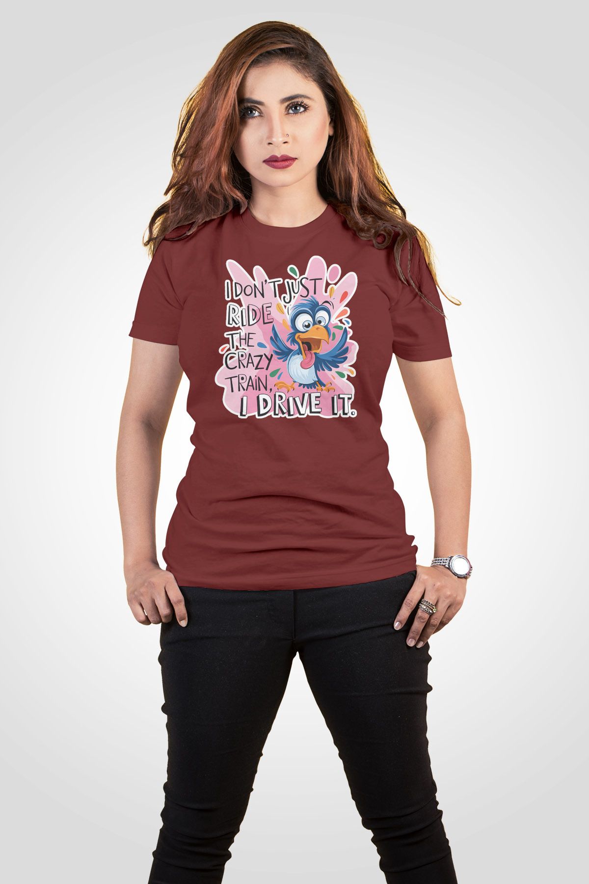 qoeuyl boutique I Dont Just Ride The Crazy Train Baskılı Unisex Regular Fit Pamuklu Bordo Tişört