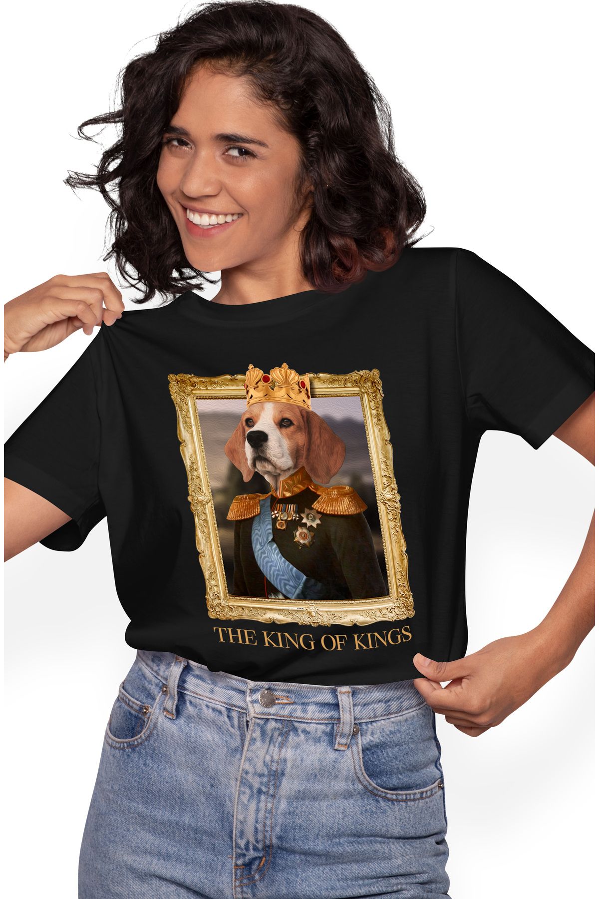 StoryGift Romania Tricou Femei Cu Tablou Caine Rege In Costum Cu Medalii Si Coroana De Aur, Rama T Blk_xl Femeie - XL