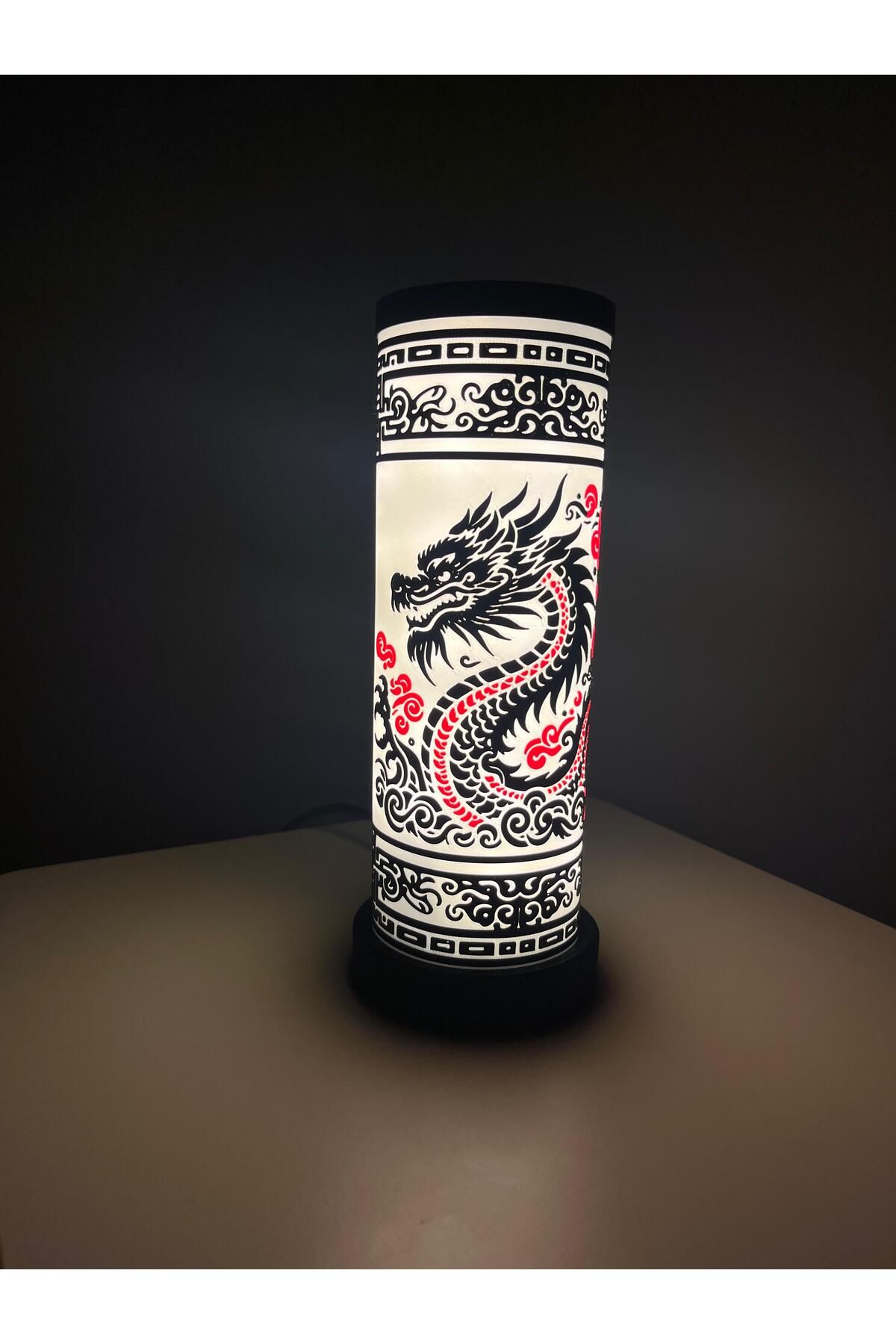NaseTasarım Ejderha desenli yuvarlak, şık, modern, dekoratif japon figürlü masaüstü lamba