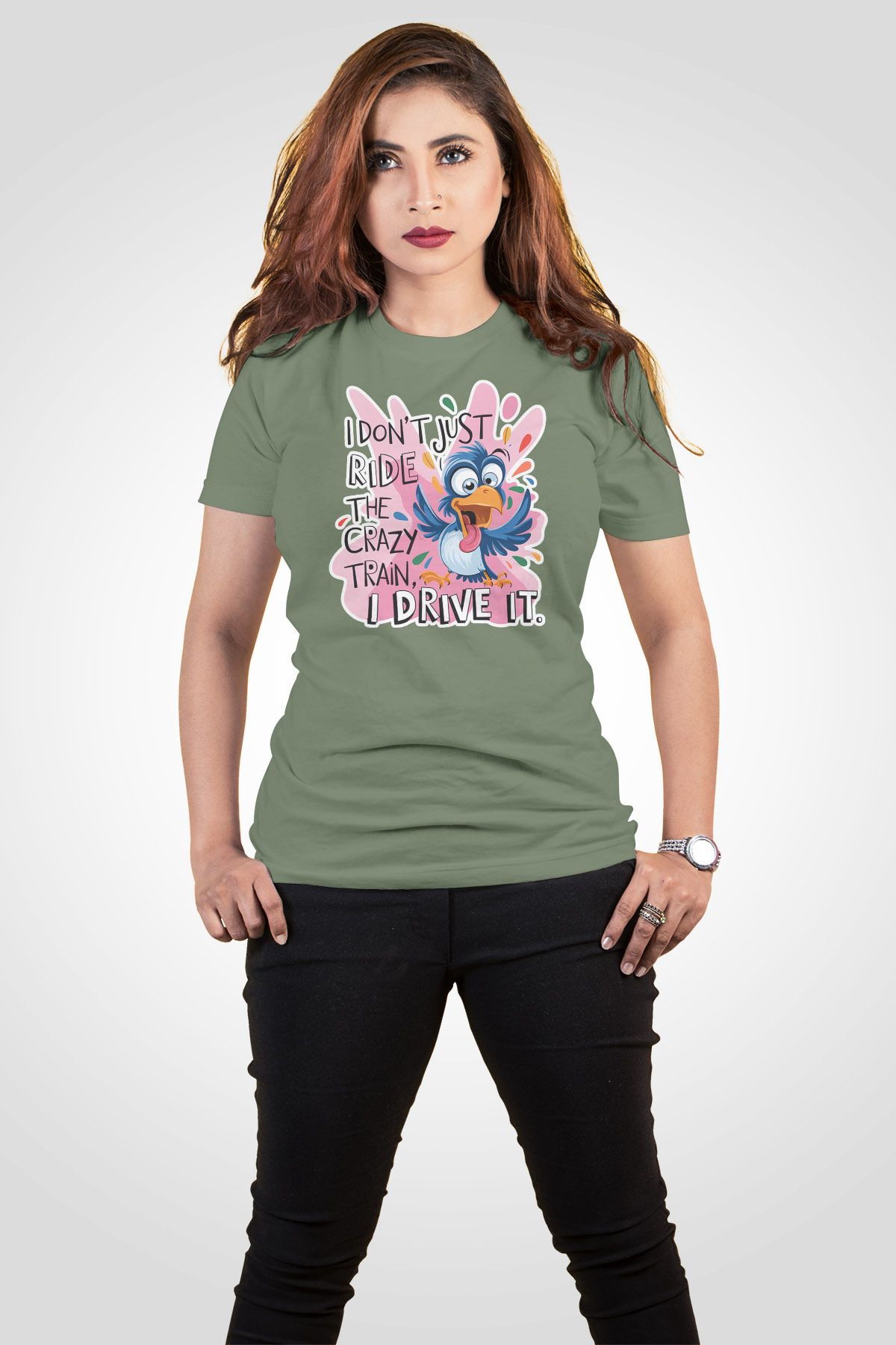 qoeuyl boutique I Dont Just Ride The Crazy Train Baskılı Unisex Regular Fit Pamuklu Yeşil Tişört