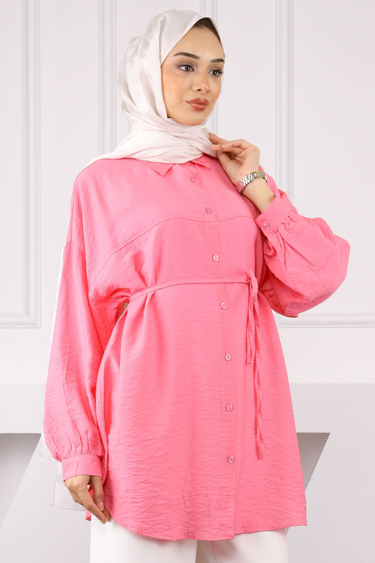 İmajButik Pembe Beli İp Detaylı Tunik
