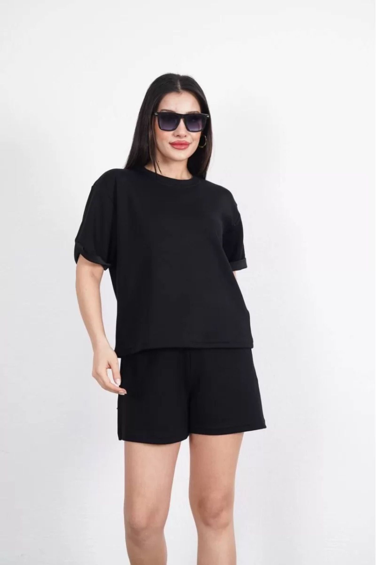Flaubert / yumuşak dokulu Kumaş Kadın Bisiklet Yaka T-shirt Kısa Şort İkili Takım - Siyah