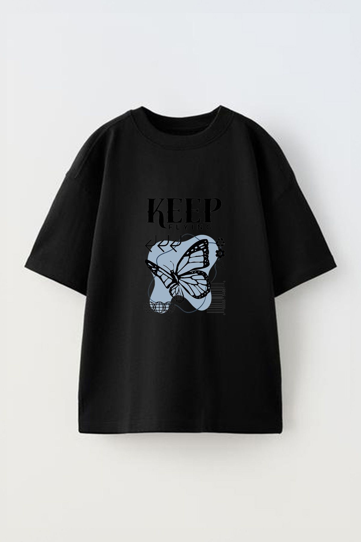 Anetos Keep Flyin Ön Baskılı Pamuk Siyah Oversize T-shirt