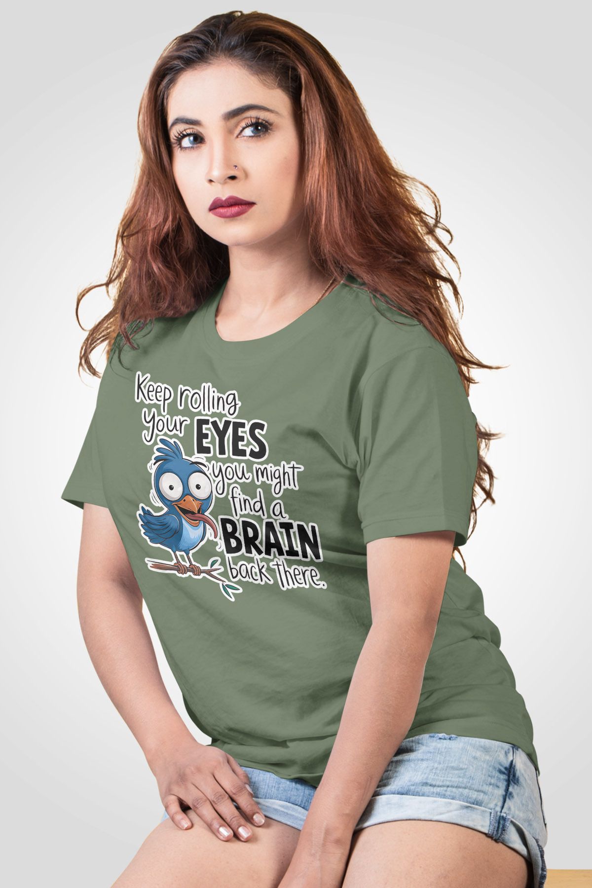 qoeuyl boutique Keep Rolling Your Eyes Sarkastik Baskılı Unisex Regular Fit Pamuklu Yeşil Tişört
