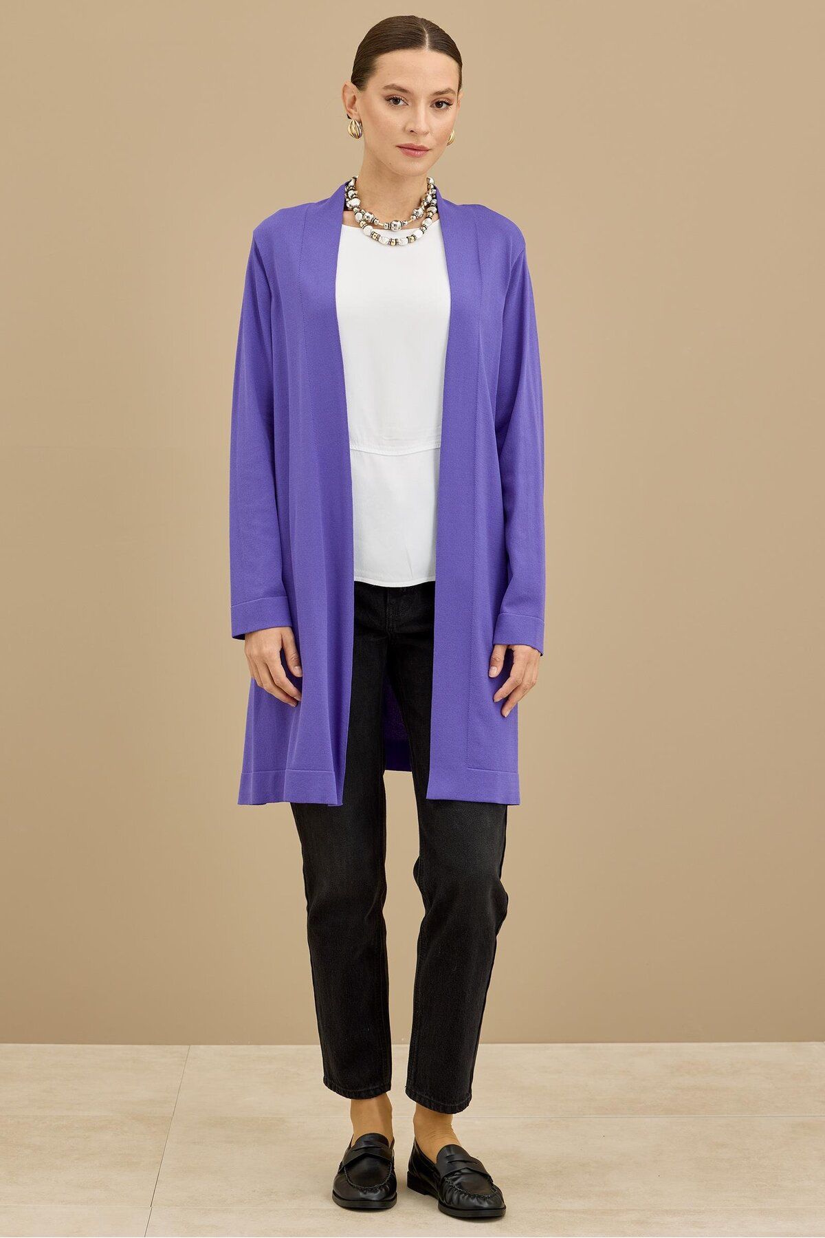 Tığ Triko Beli Kemerli Rayon Basic Hırka LİLA