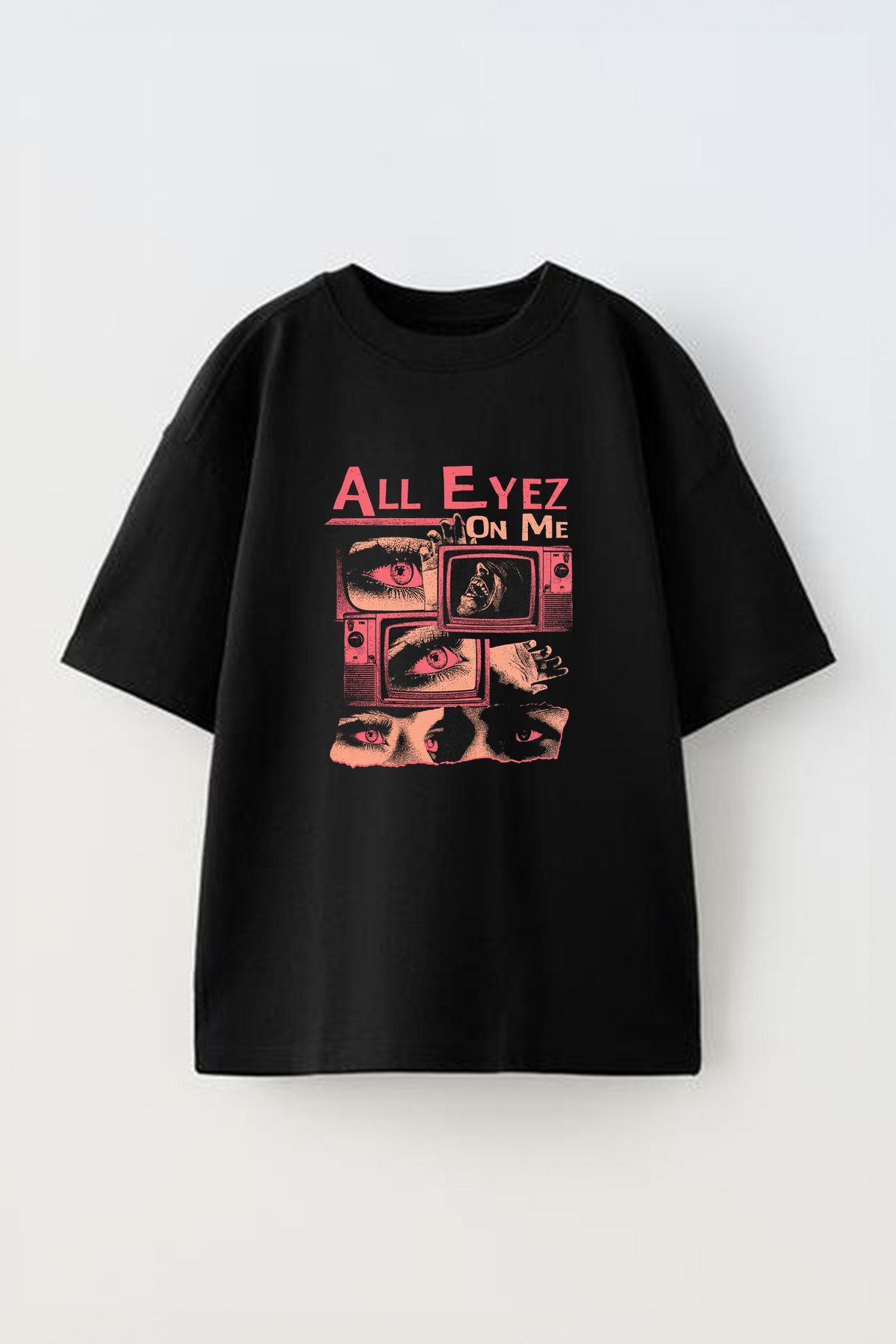 Anetos All Eyez On Me Ön Baskılı Pamuk Siyah Oversize T-shirt